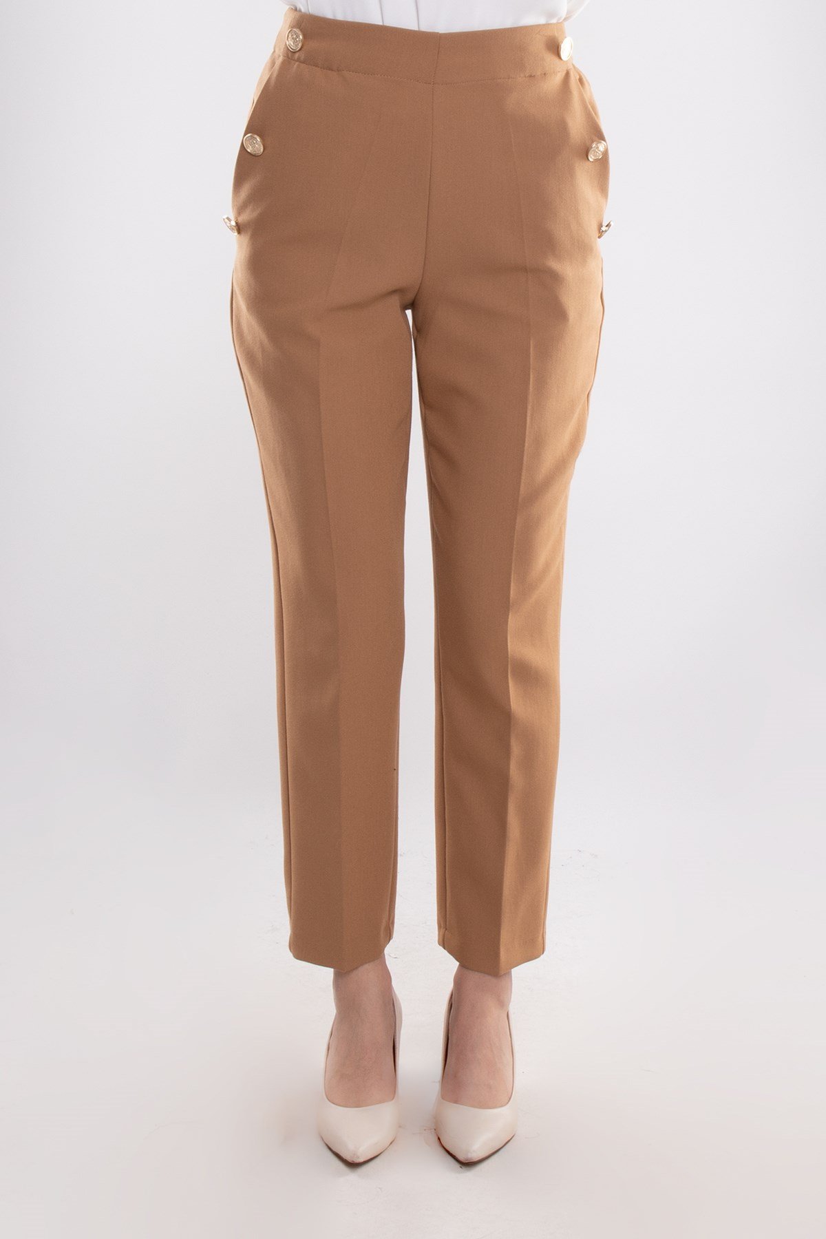 70503 Beli Lastikli Gold Düğmeli Krep Kadın Pantolon