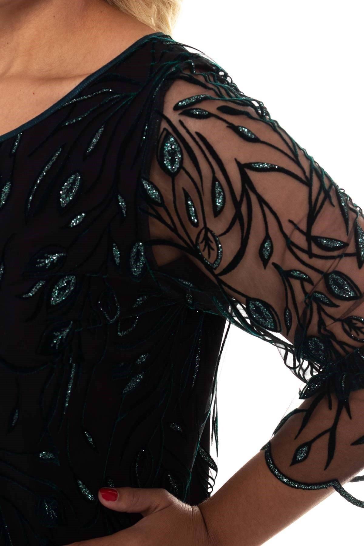 7069 BB Yaprak Kadife Sim İşleme Astarlı Kısa Elbise