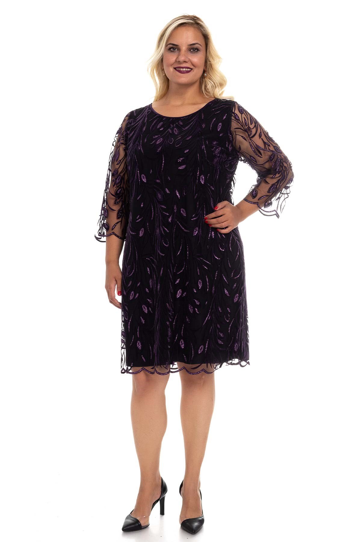 7069 BB Yaprak Kadife Sim İşleme Astarlı Kısa Elbise