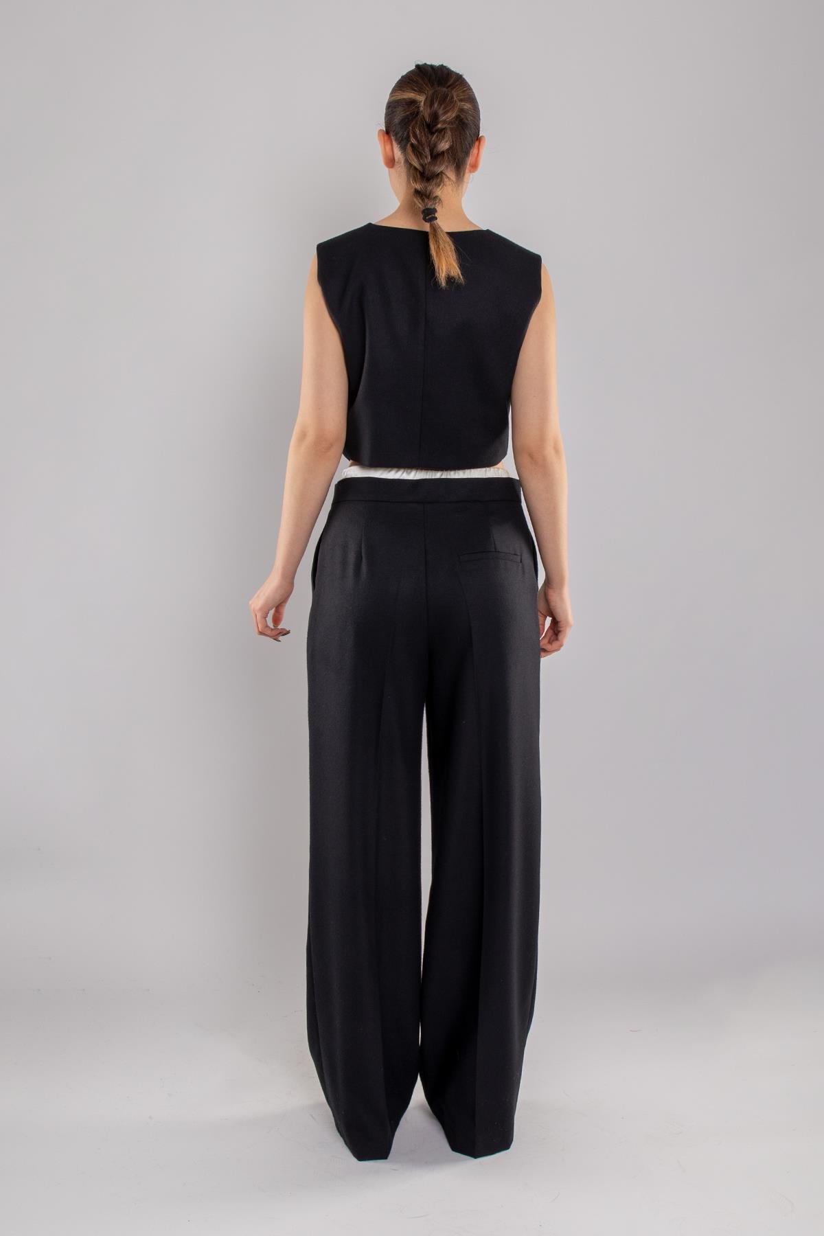 70697 Crop Asimetrik Yelek Bel Detay Palazzo Pantolon Takım