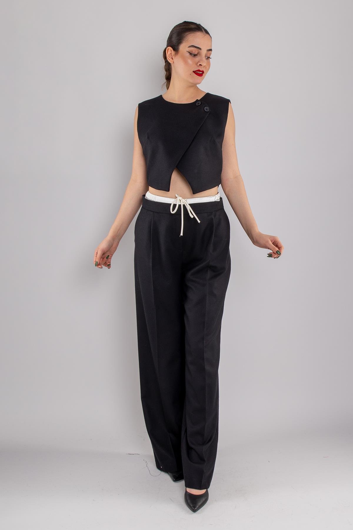 70697 Crop Asimetrik Yelek Bel Detay Palazzo Pantolon Takım