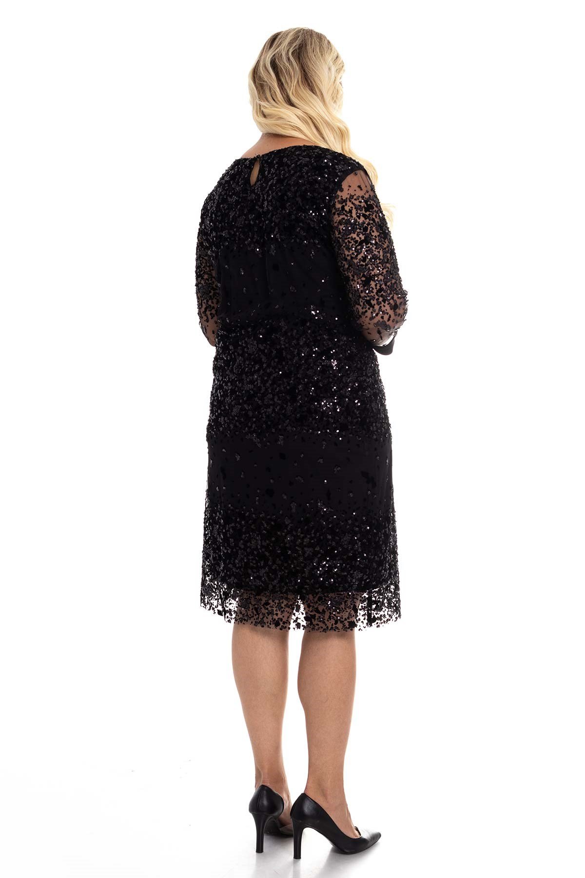 7073 BB Kadife Pulpayet İşlemeli Astarlı Kısa Elbise