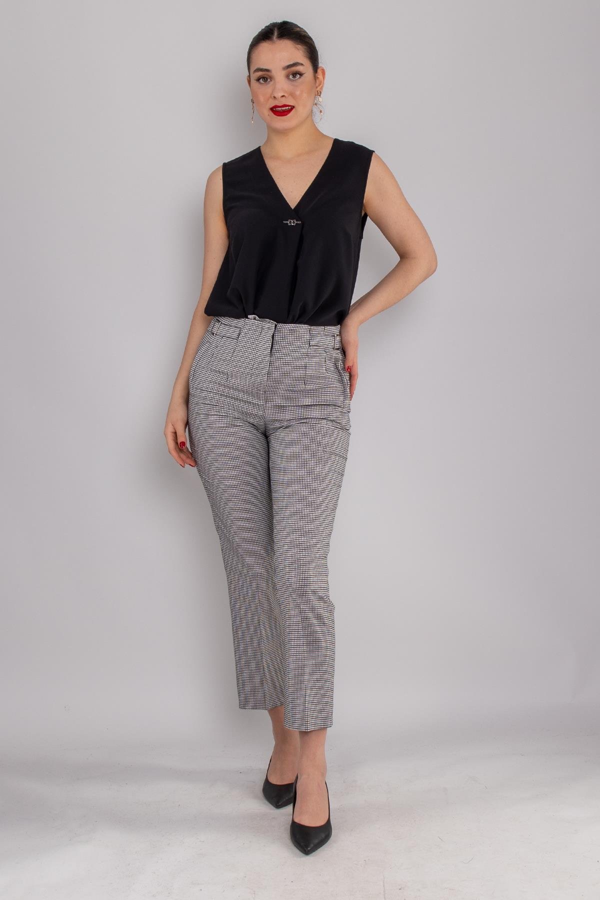 70791 Beli Tokalı Pötikareli Pantolon