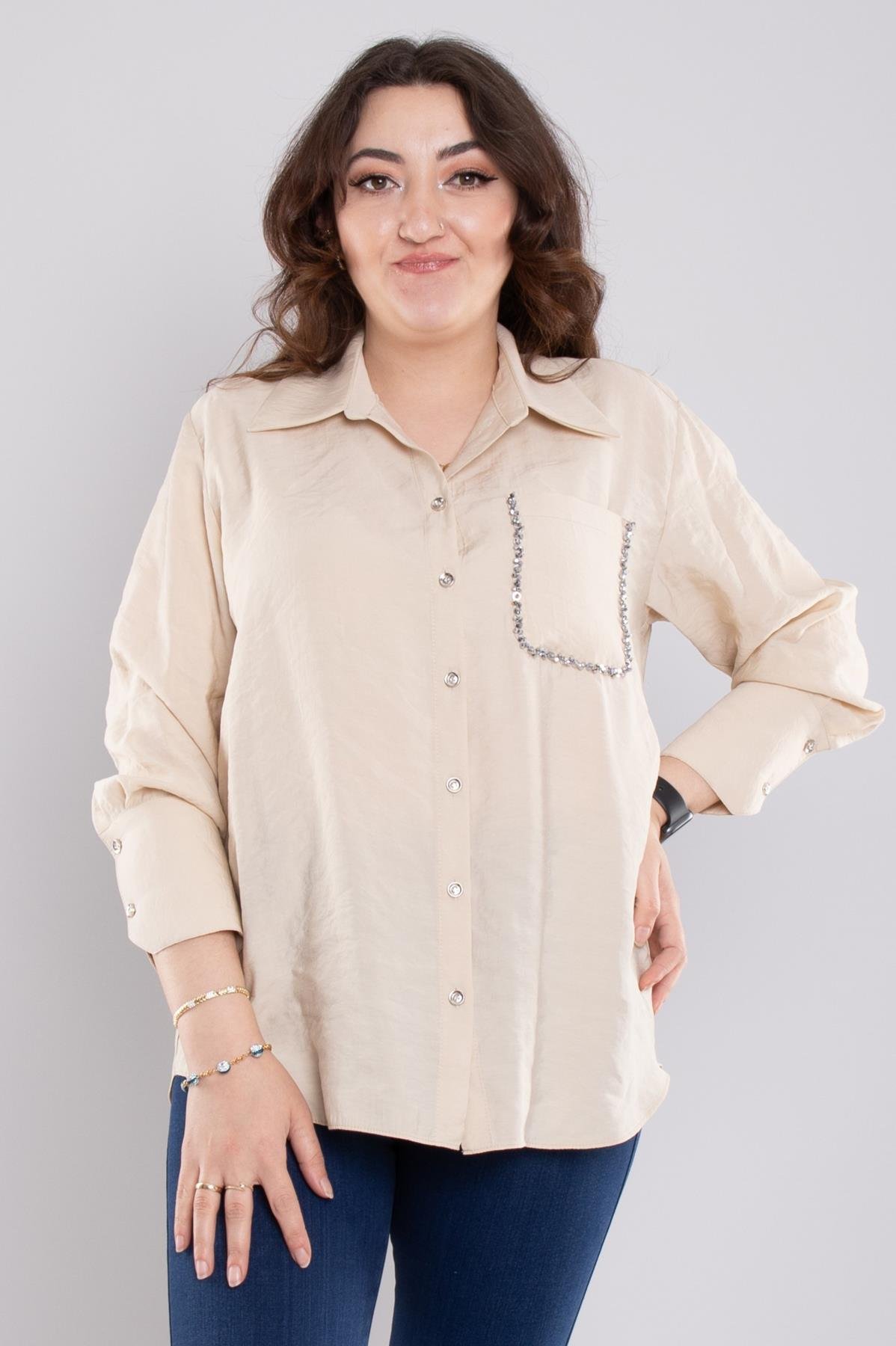 7082 Büyük Beden Cebi Boncuklu Düğmeli Modal Gömlek
