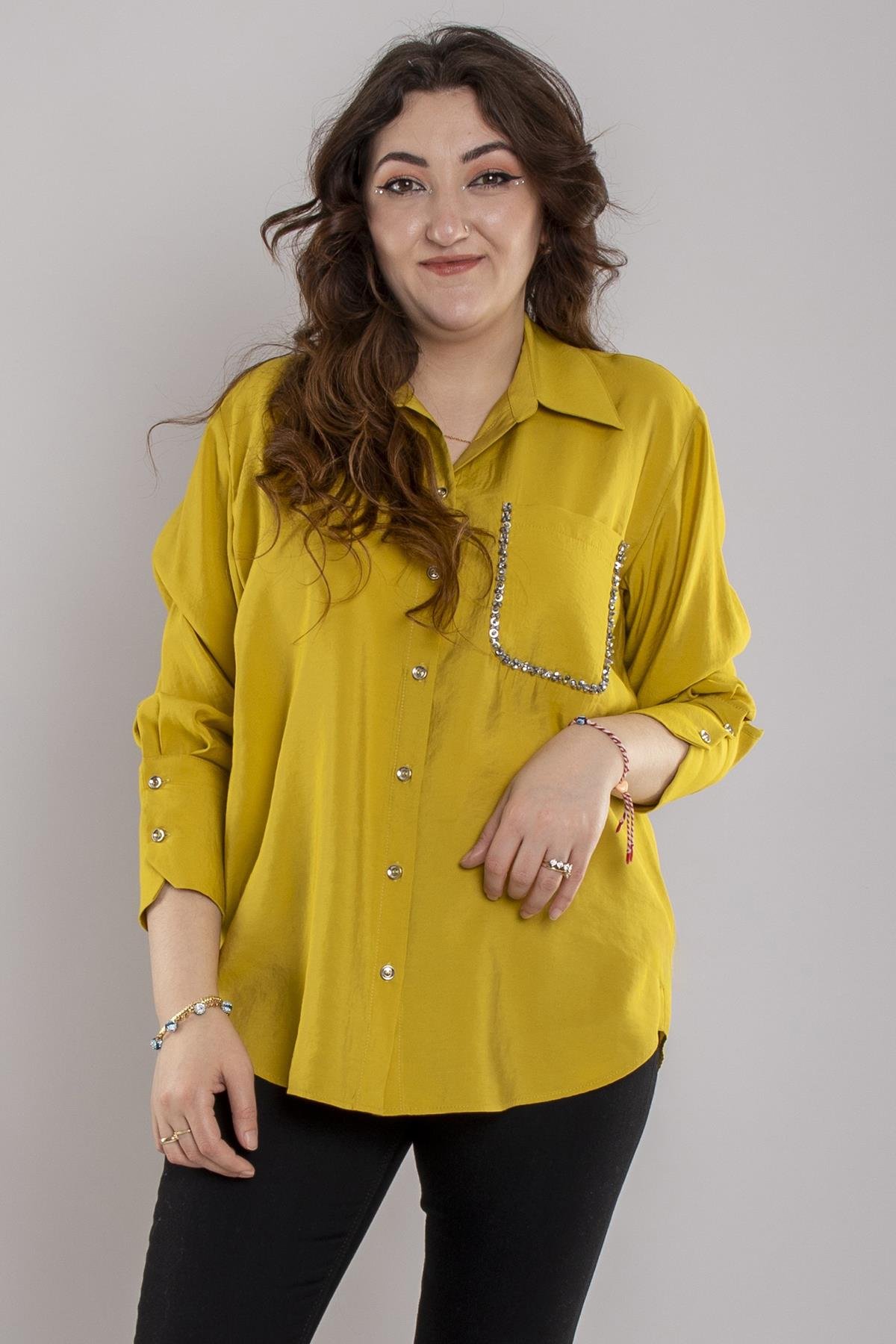 7082 Büyük Beden Cebi Boncuklu Düğmeli Modal Gömlek