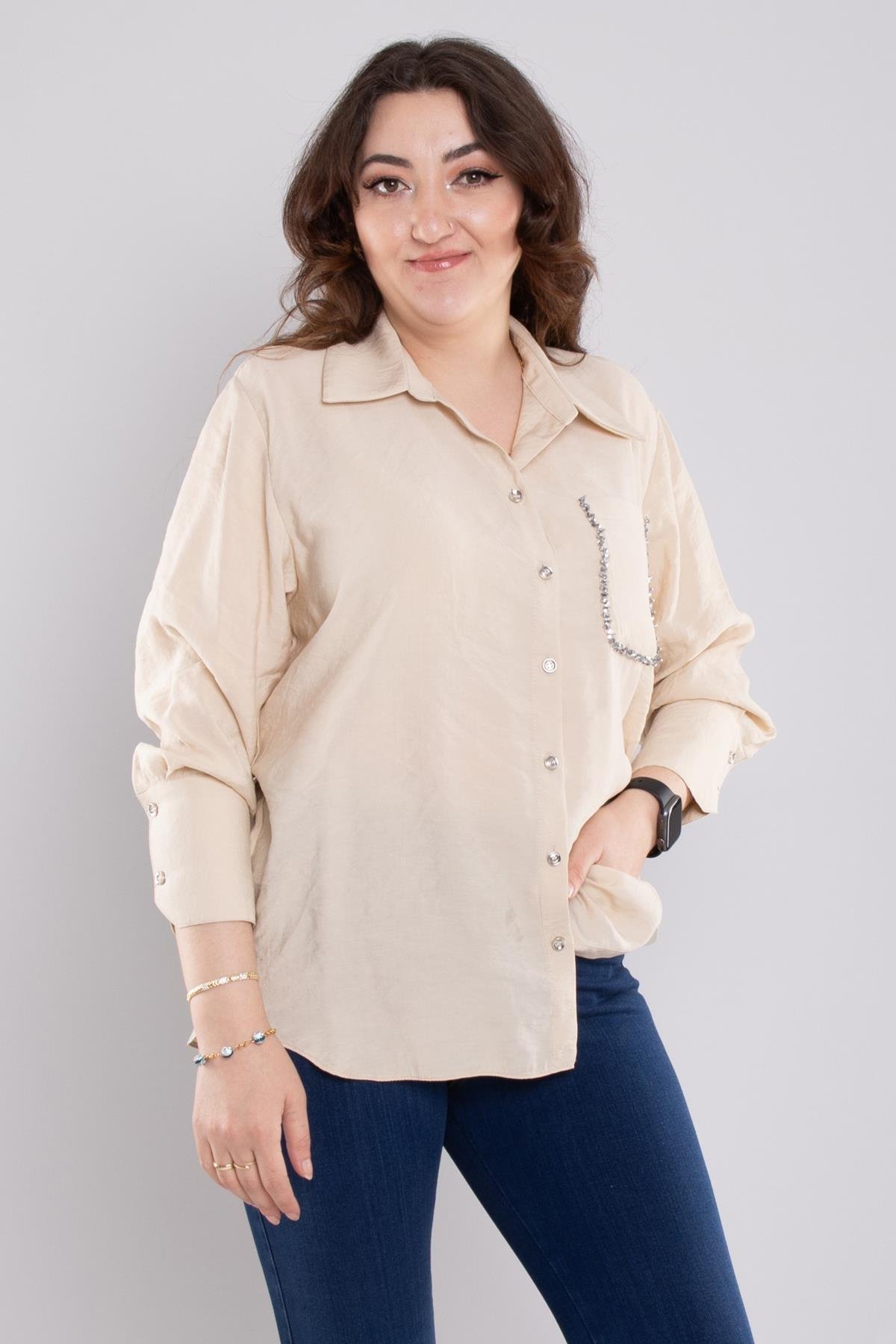 7082 Büyük Beden Cebi Boncuklu Düğmeli Modal Gömlek