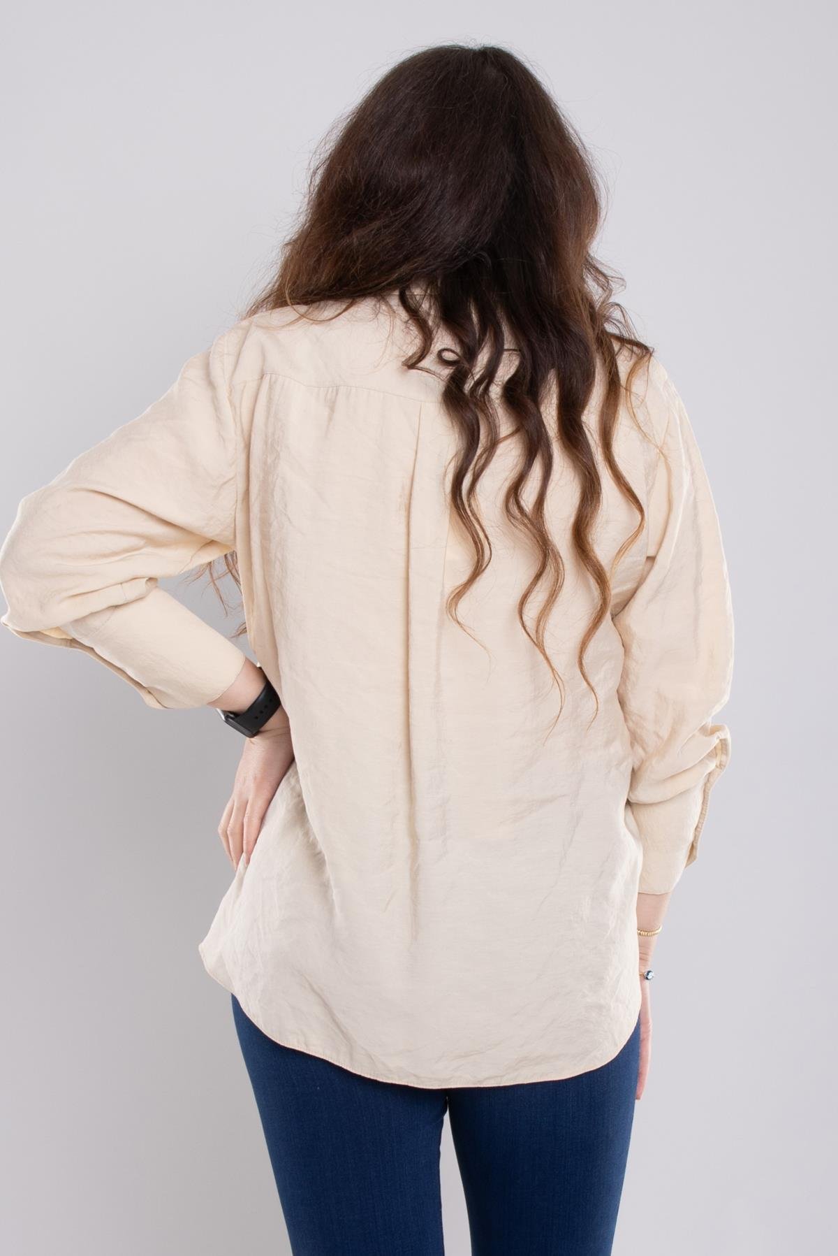 7082 Büyük Beden Cebi Boncuklu Düğmeli Modal Gömlek