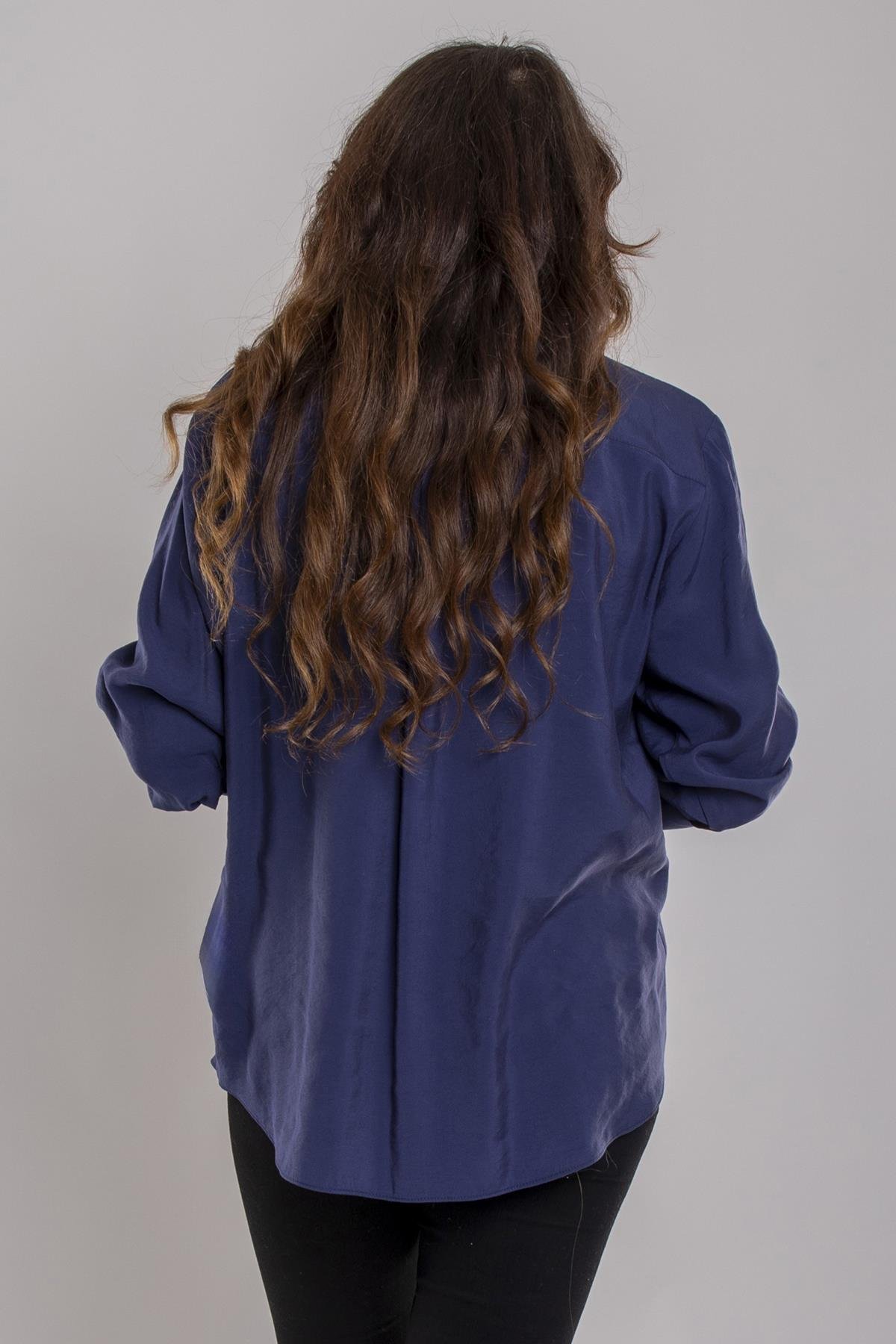 7082 Büyük Beden Cebi Boncuklu Düğmeli Modal Gömlek