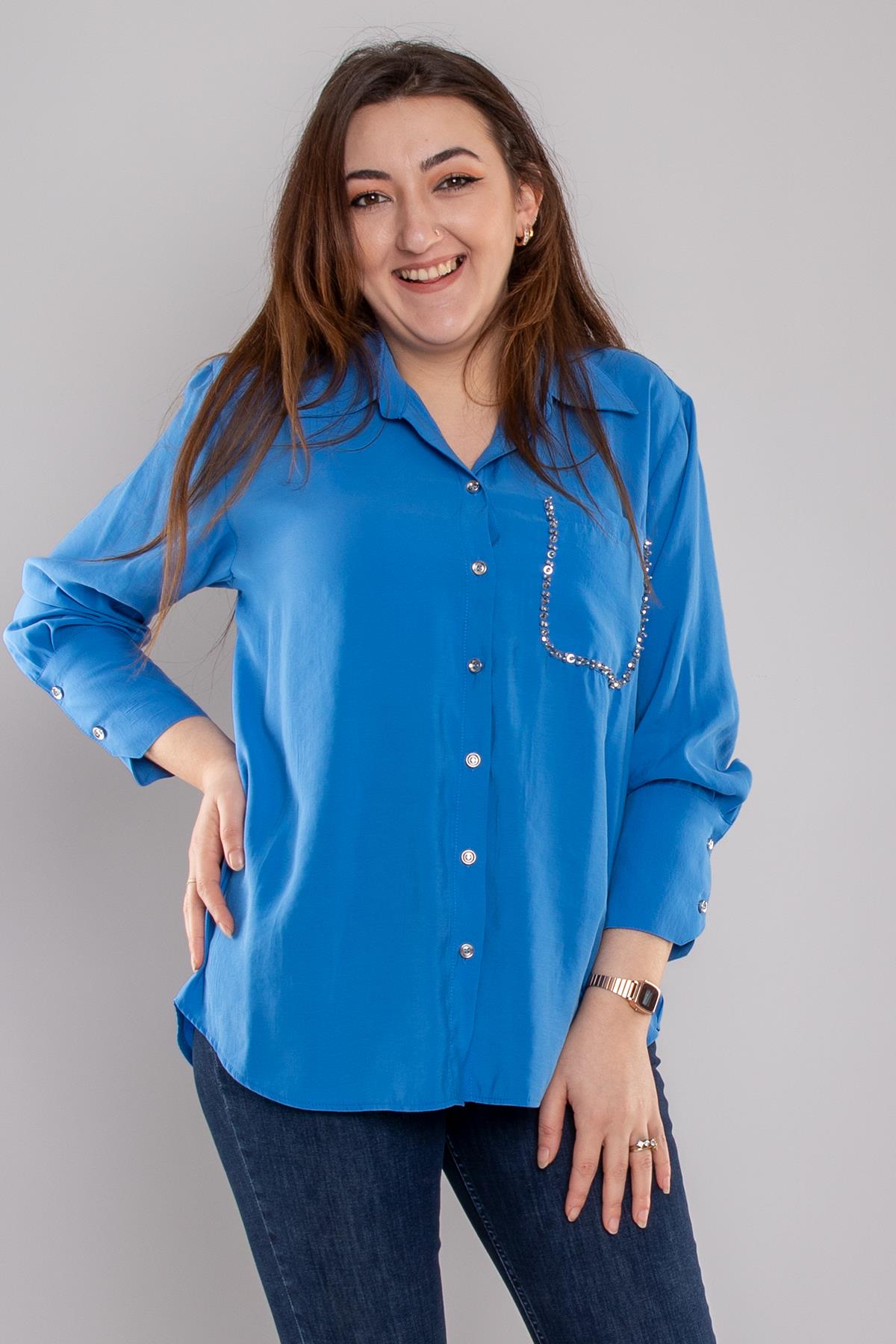 7082 Büyük Beden Cebi Boncuklu Düğmeli Modal Gömlek