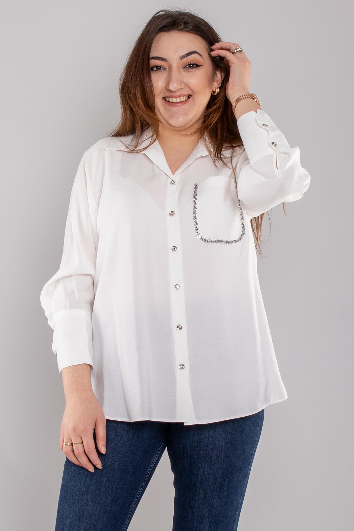 7082 Büyük Beden Cebi Boncuklu Düğmeli Modal Gömlek