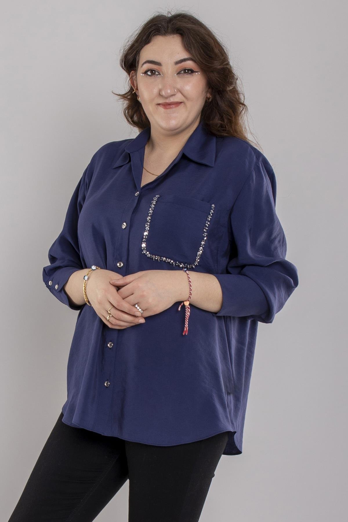 7082 Büyük Beden Cebi Boncuklu Düğmeli Modal Gömlek