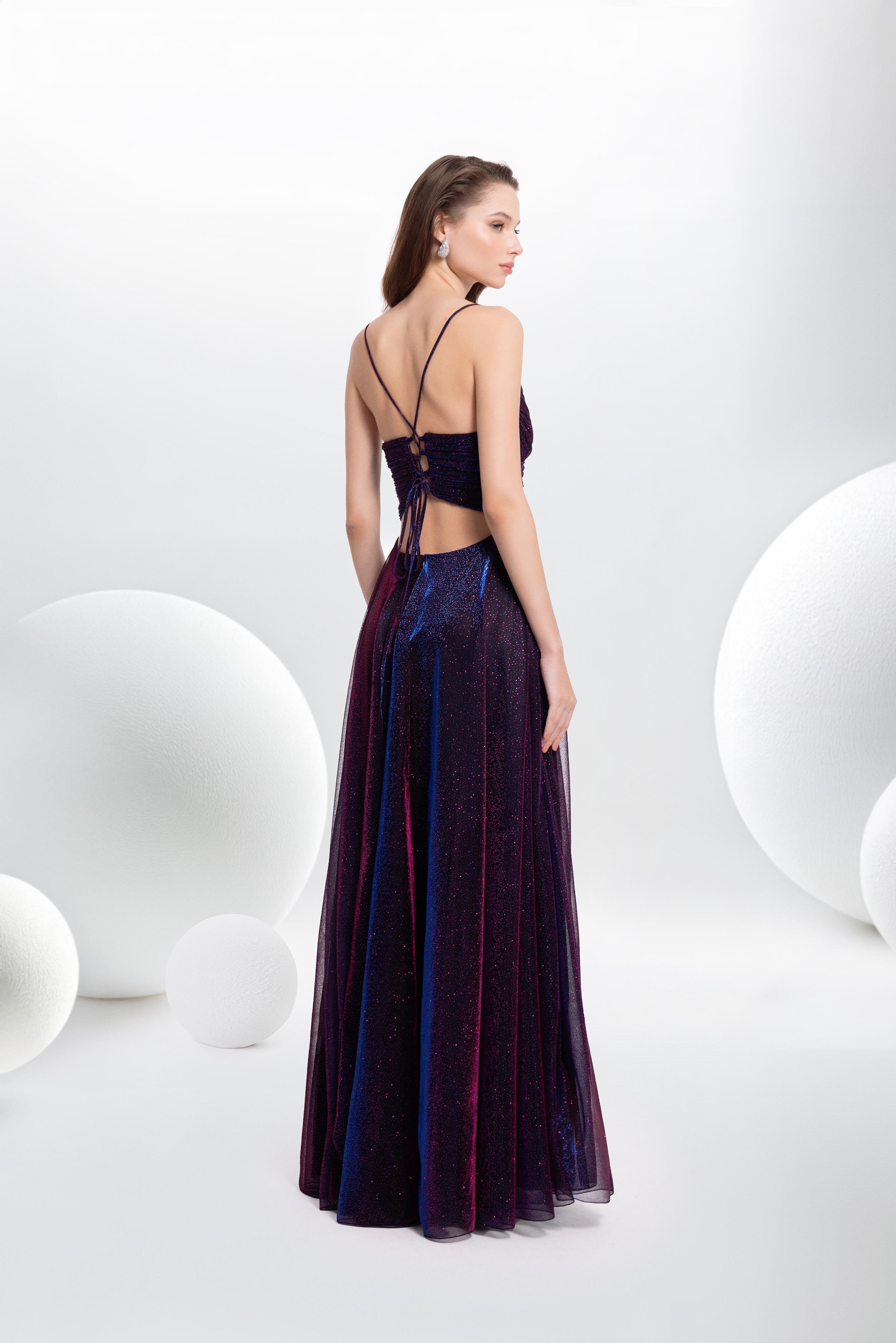 7083 İp Askılı Simli Jakarlı Bel Dekolteli Uzun Elbise