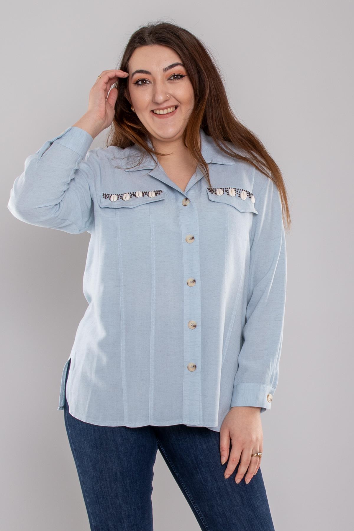7085 Büyük Beden Cep Detay Düğmeli Linen Gömlek