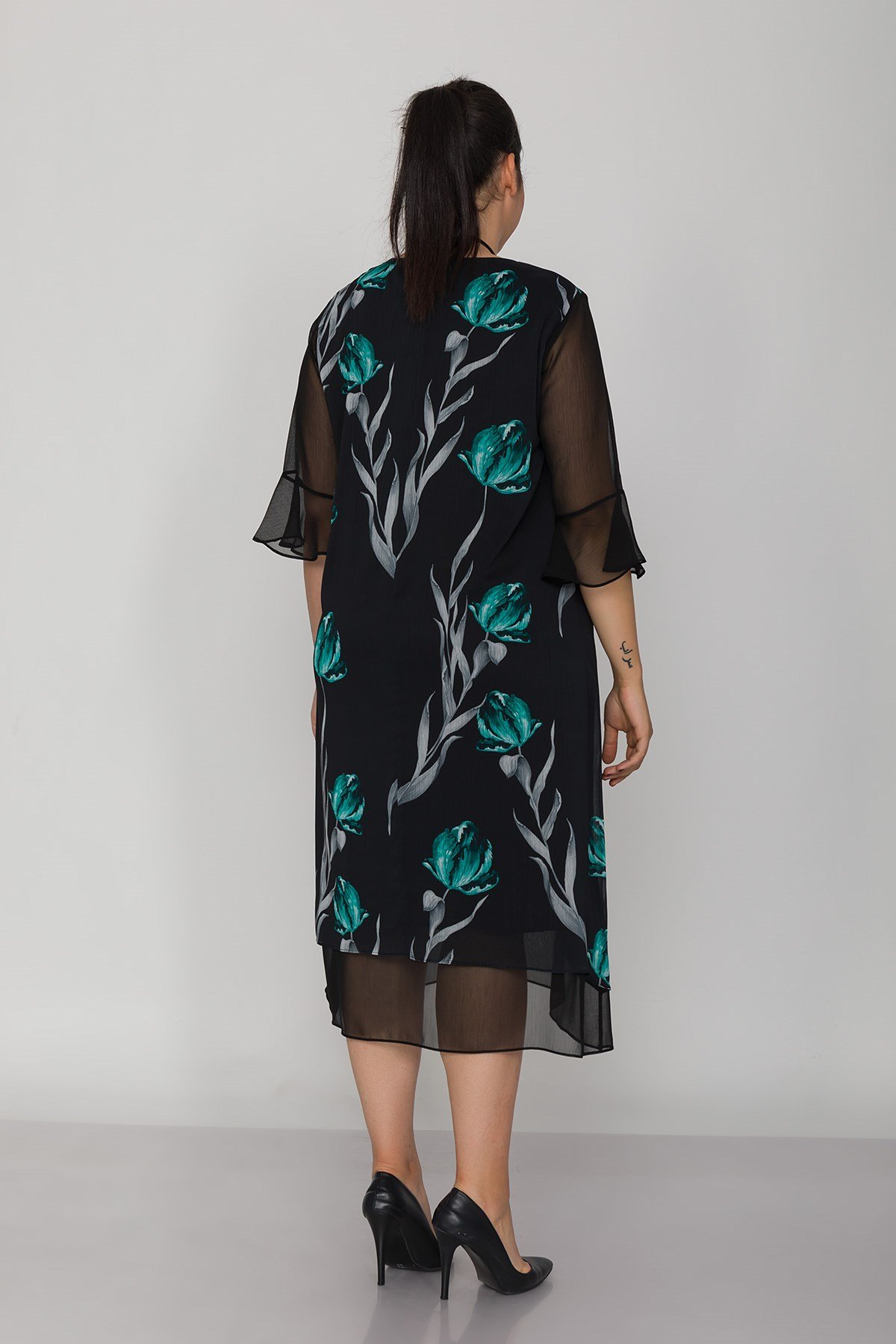 7099 Büyük Beden Lale Desen Tül Kol Kolyeli Şifon Kısa Elbise