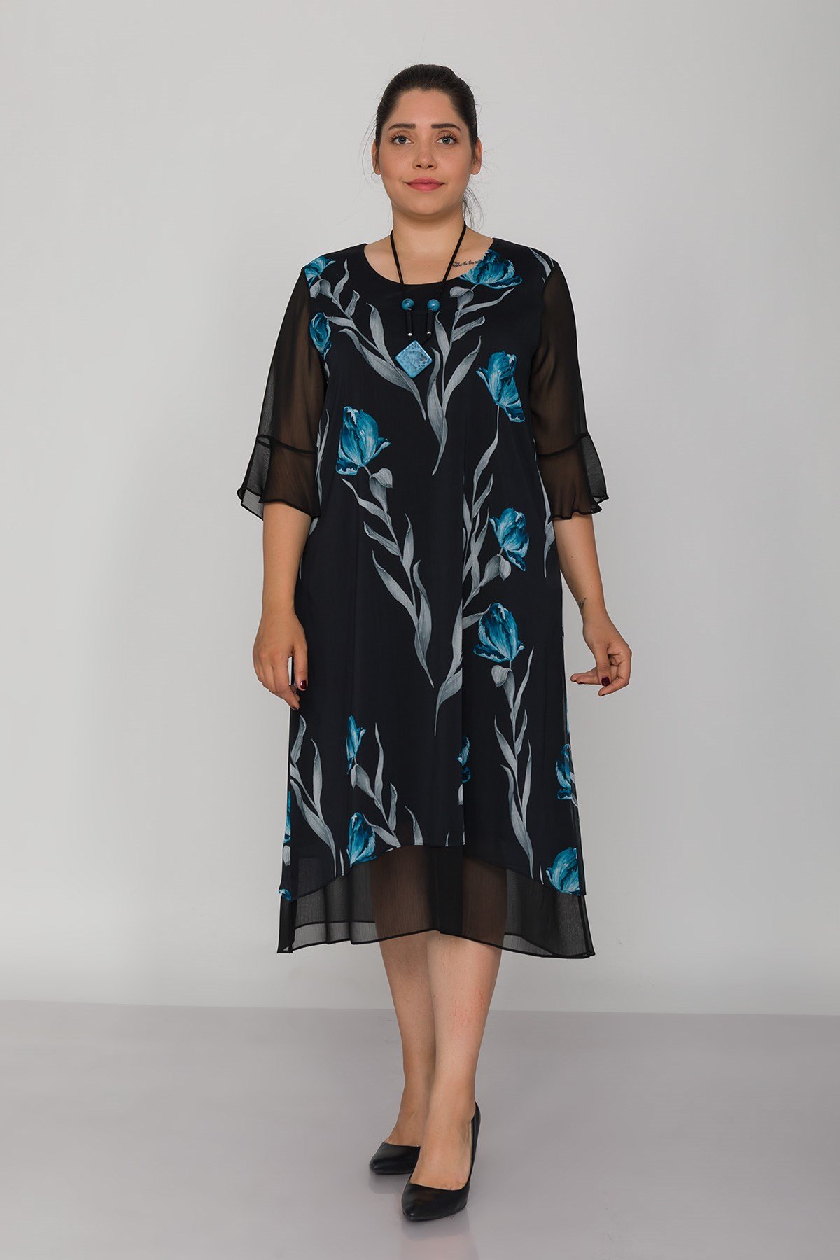 7099 Büyük Beden Lale Desen Tül Kol Kolyeli Şifon Kısa Elbise