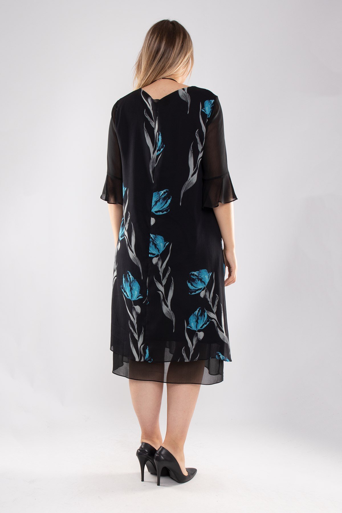 7099 Büyük Beden Lale Desen Tül Kol Kolyeli Şifon Kısa Elbise