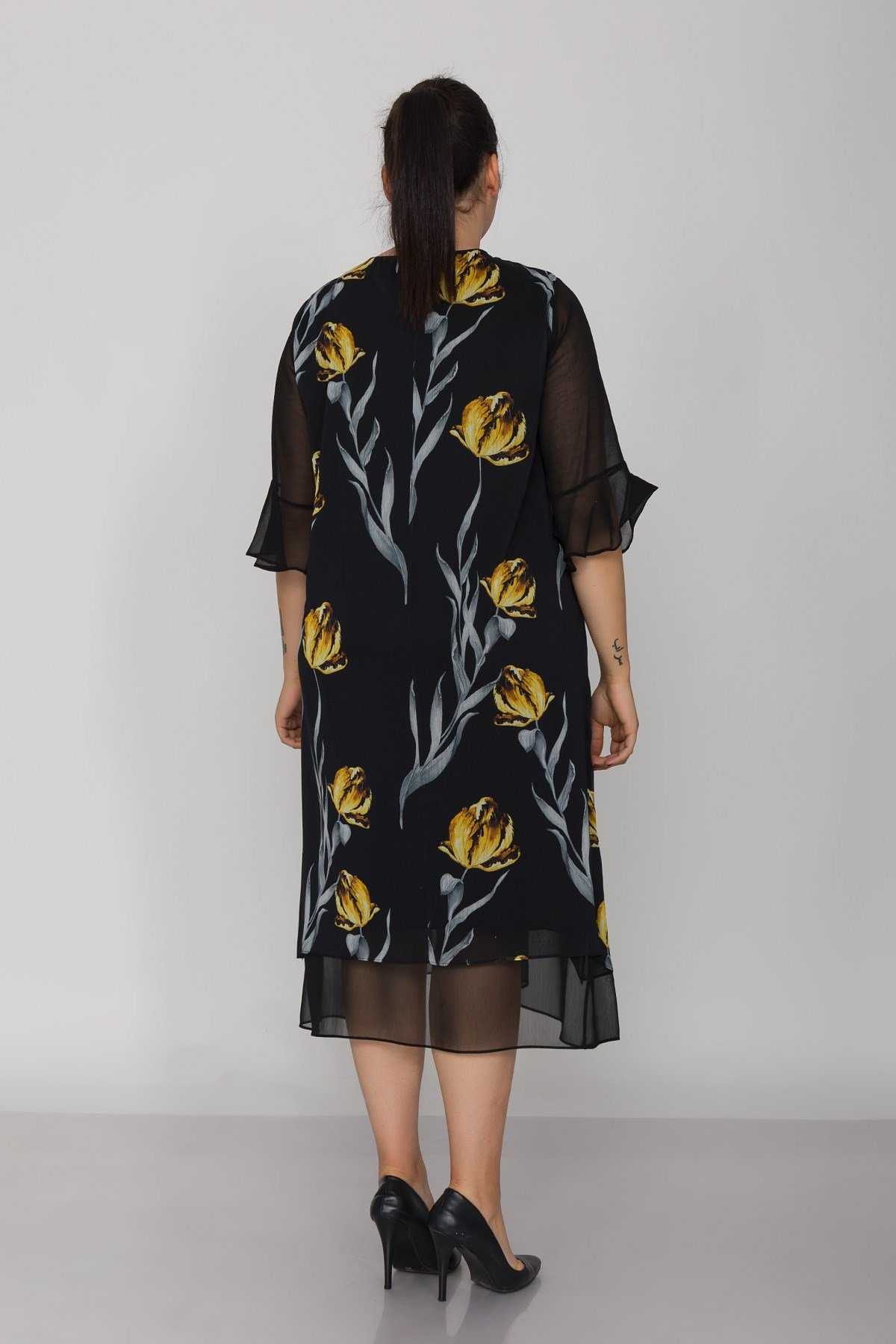 7099 Büyük Beden Lale Desen Tül Kol Kolyeli Şifon Kısa Elbise