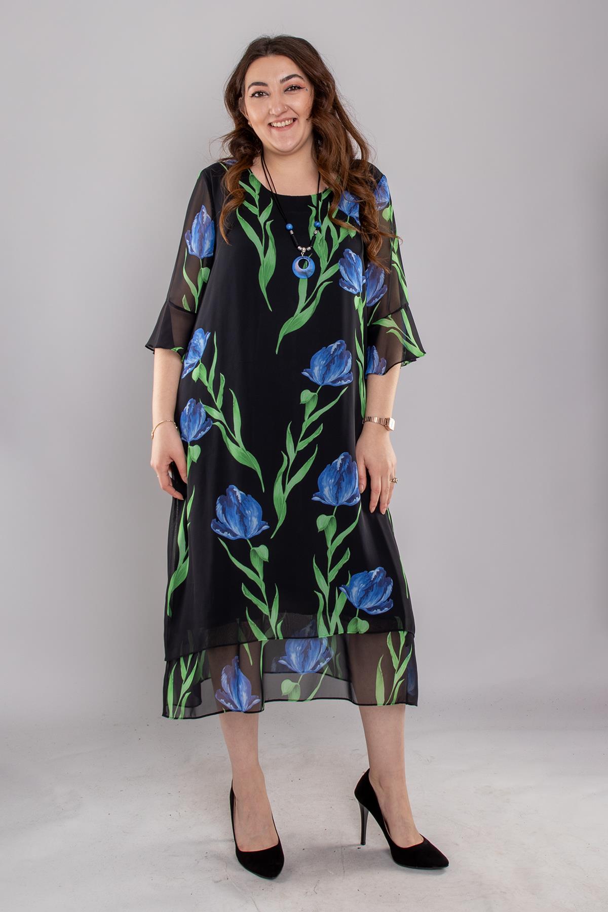 7099 Büyük Beden Lale Desen Tül Kol Kolyeli Şifon Kısa Elbise