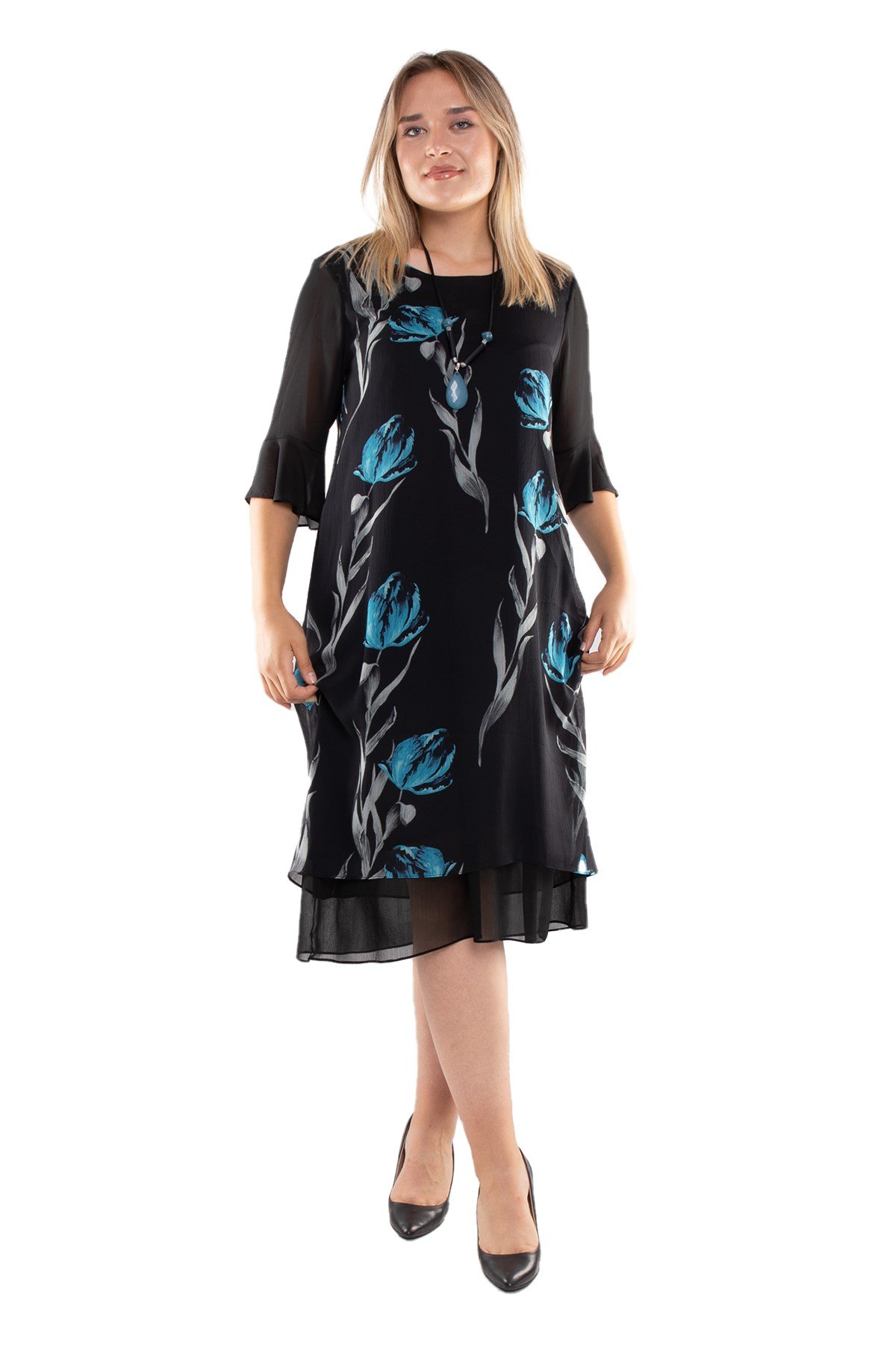 7099 Büyük Beden Lale Desen Tül Kol Kolyeli Şifon Kısa Elbise