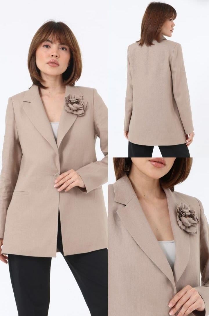 710 BKeten Gül Broşlu Tek Düğme Blazer Ceket