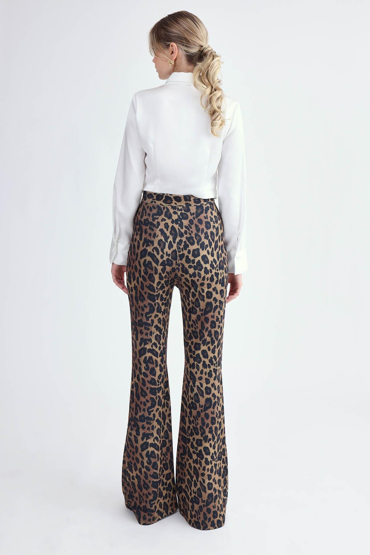 710 Leopar Desen İspanyol Paça Triko Pantolon