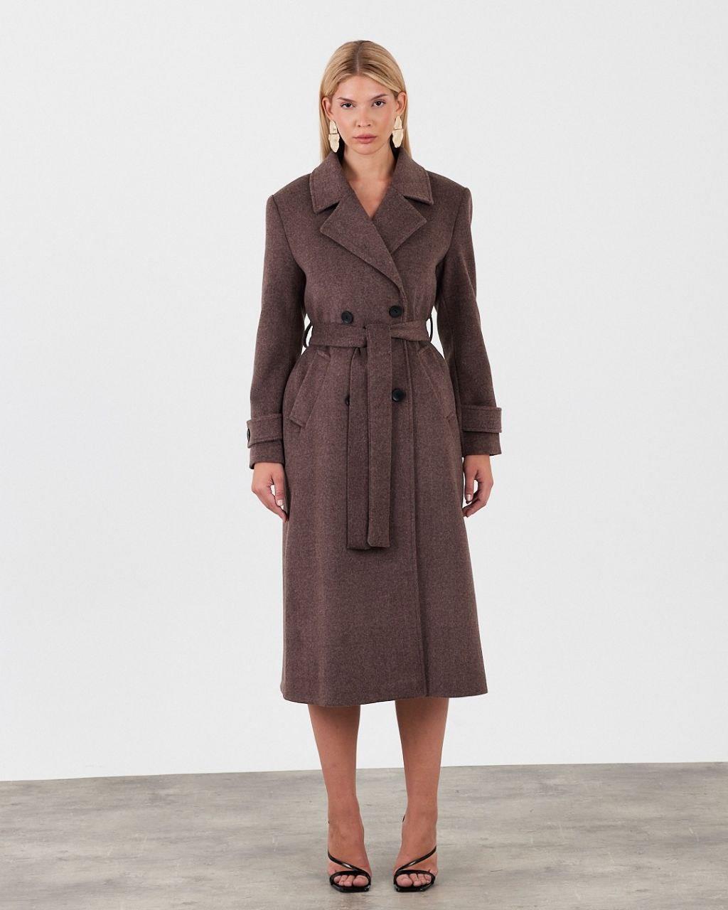 7103 Dört Düğme Kuşaklı Kol Apoletli Erkek Yaka Uzun Kaşe Kaban