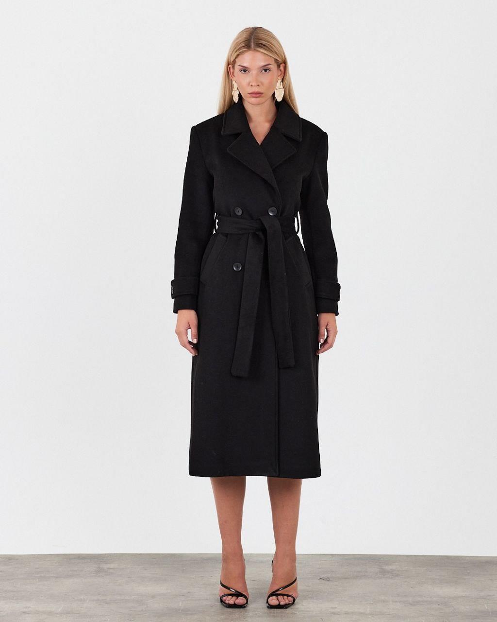 7103 Dört Düğme Kuşaklı Kol Apoletli Erkek Yaka Uzun Kaşe Kaban