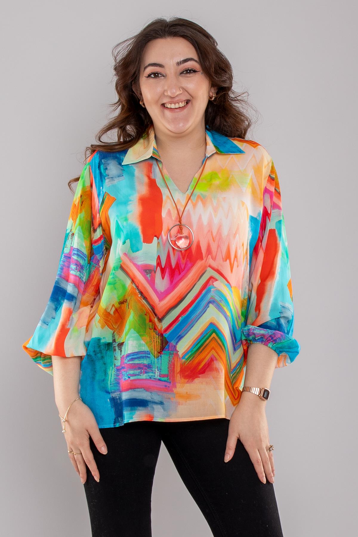 7111 Büyük Beden Kolyeli Vyaka Karışık Renkli Viscon Bluz