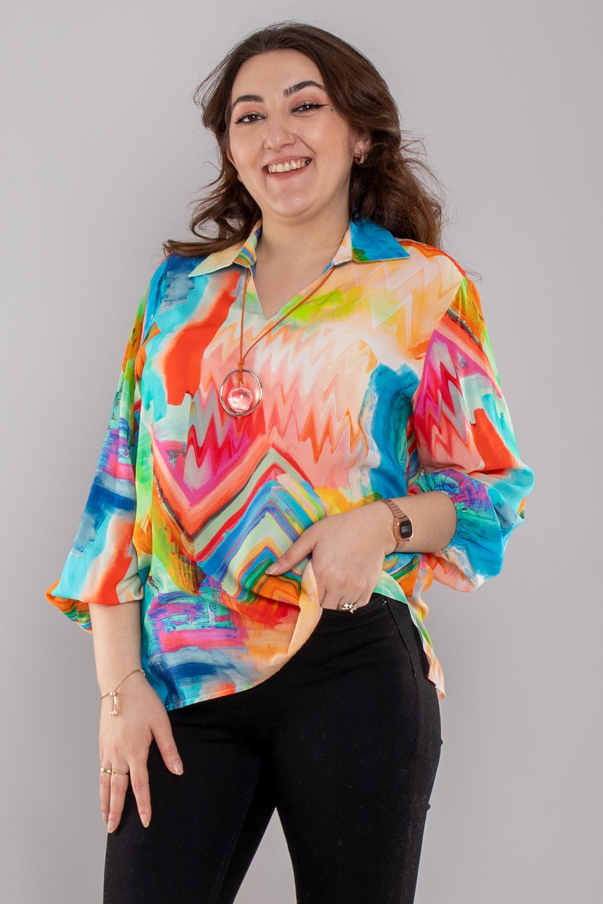 7111 Büyük Beden Kolyeli Vyaka Karışık Renkli Viscon Bluz