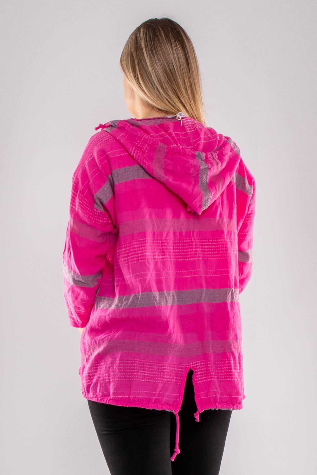 71352 Kapşonlu Kendinden Desenli Pamuk Keten Ceket