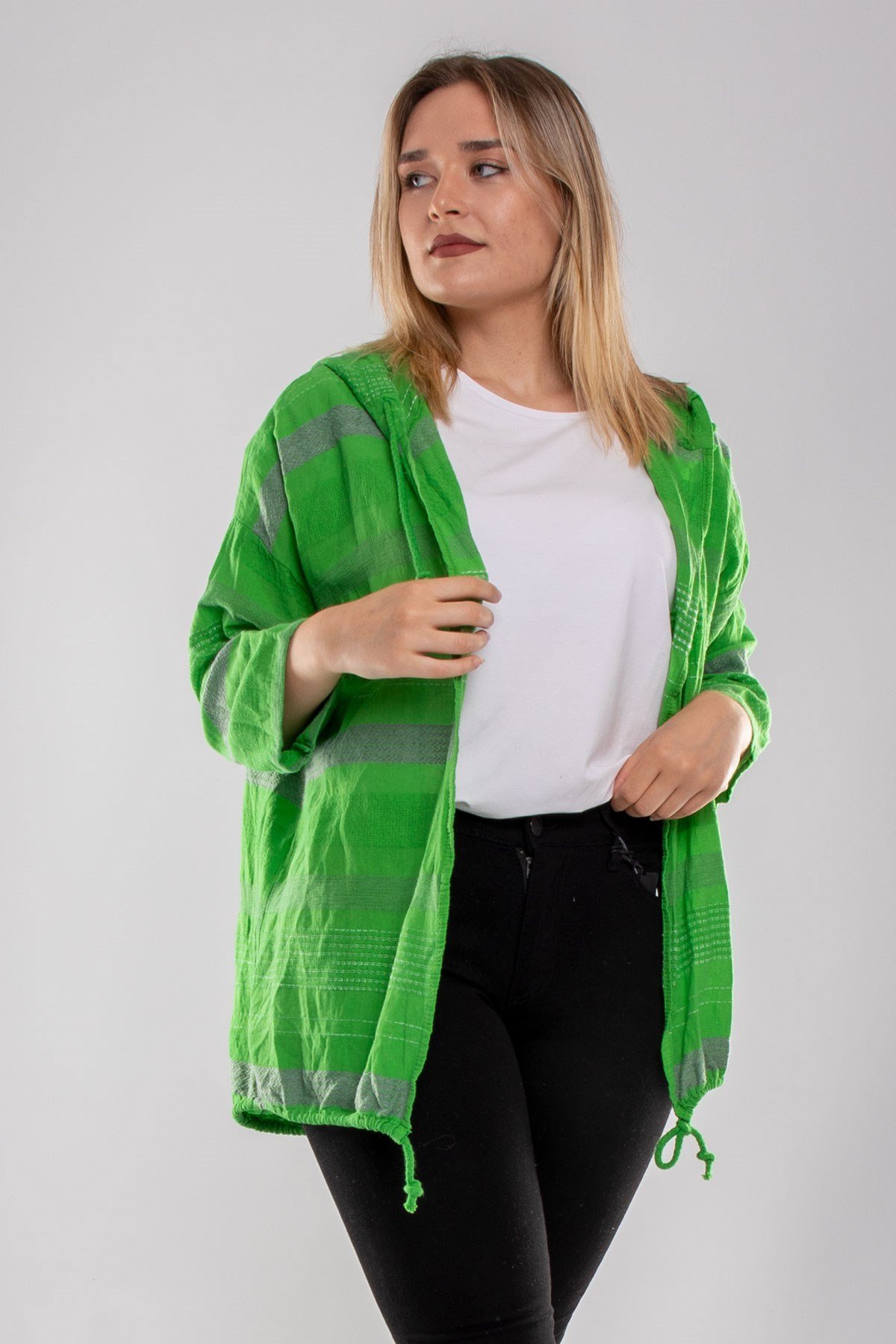 71352 Kapşonlu Kendinden Desenli Pamuk Keten Ceket