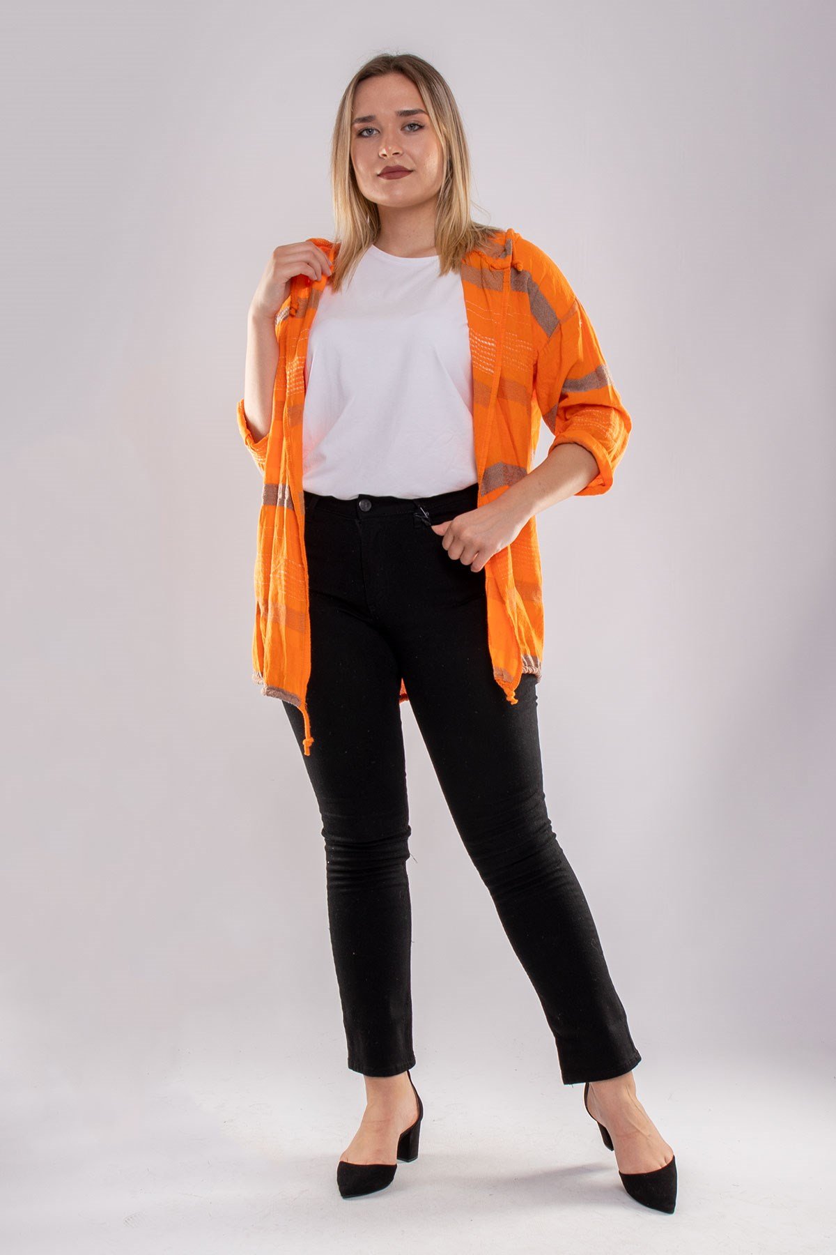 71352 Kapşonlu Kendinden Desenli Pamuk Keten Ceket