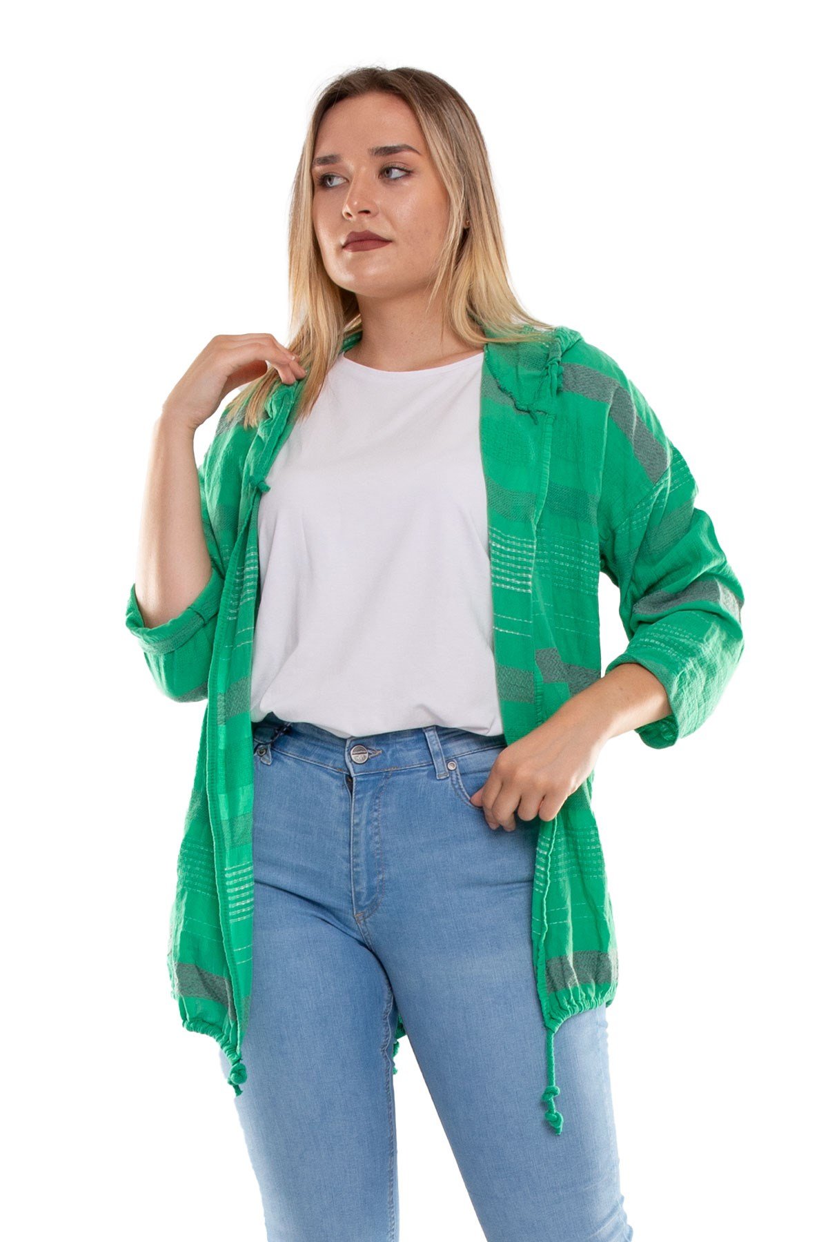 71352 Kapşonlu Kendinden Desenli Pamuk Keten Ceket