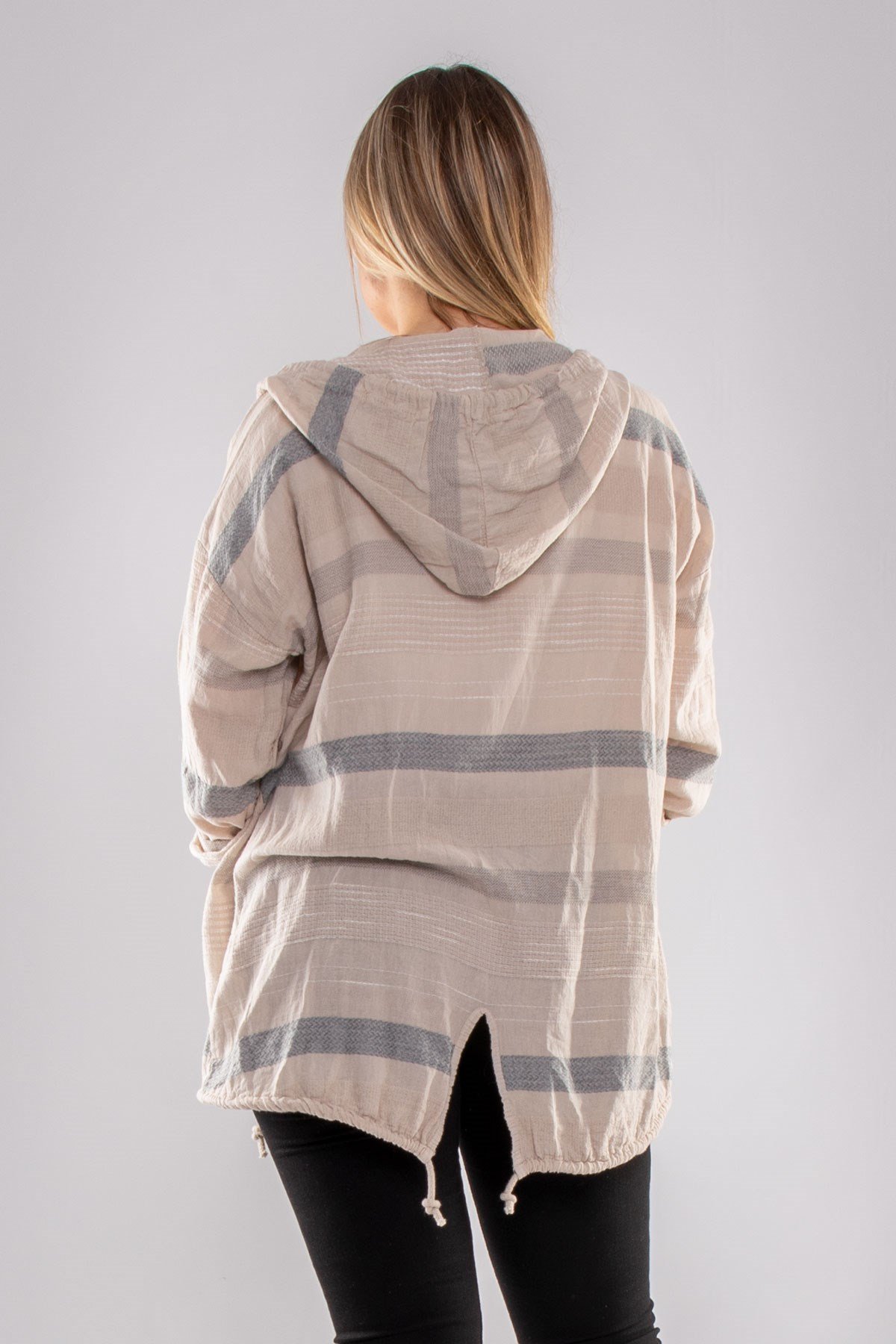 71352 Kapşonlu Kendinden Desenli Pamuk Keten Ceket