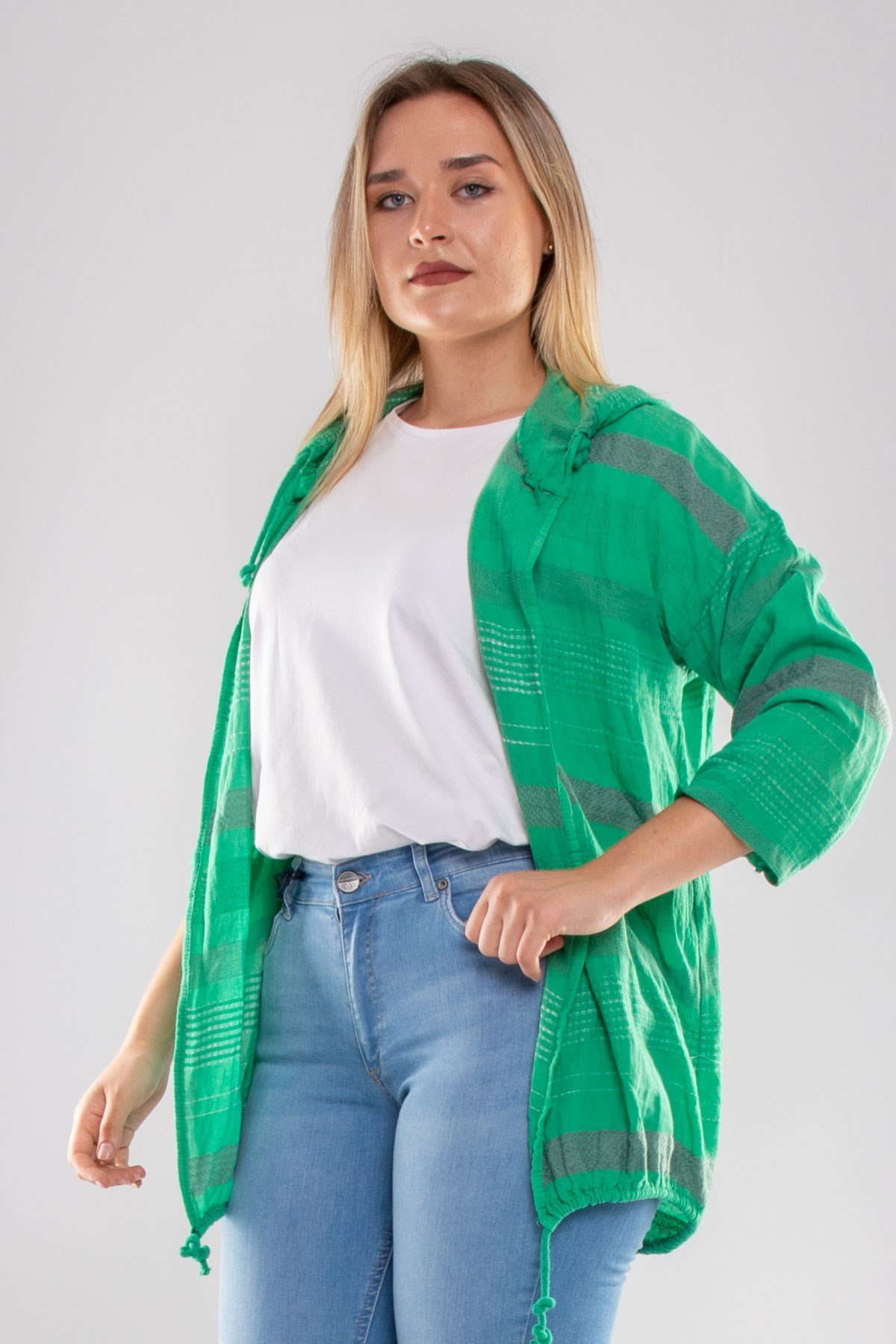 71352 Kapşonlu Kendinden Desenli Pamuk Keten Ceket