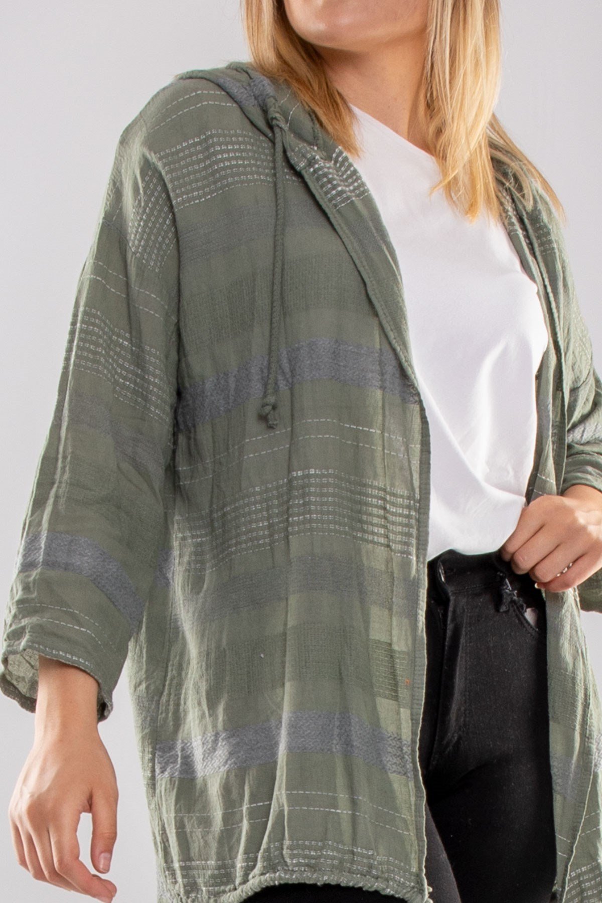 71352 Kapşonlu Kendinden Desenli Pamuk Keten Ceket