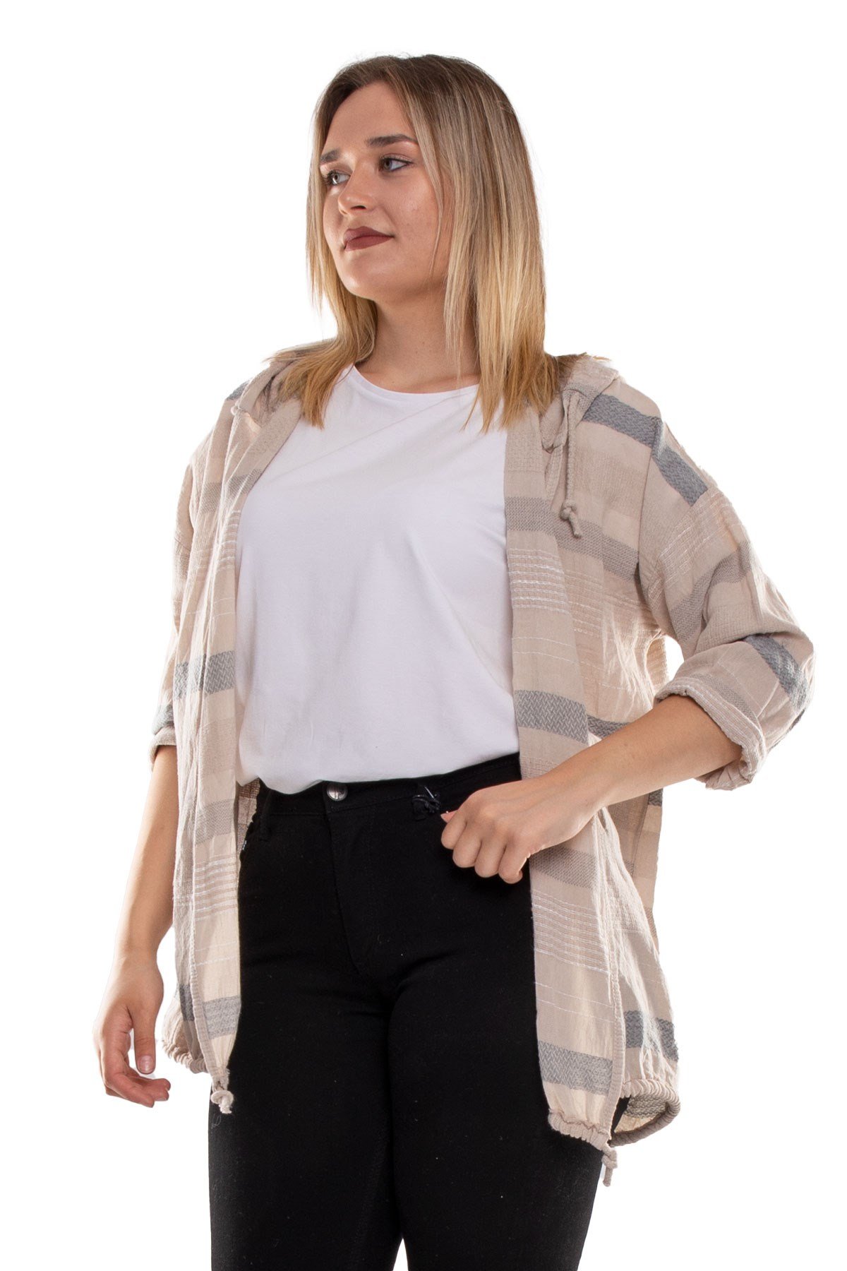 71352 Kapşonlu Kendinden Desenli Pamuk Keten Ceket