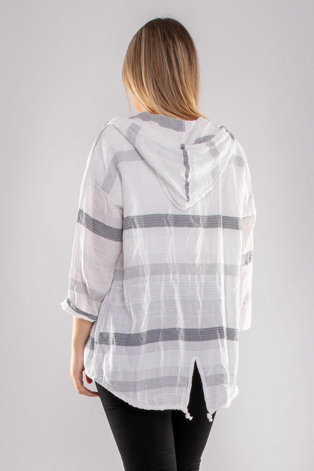 71352 Kapşonlu Kendinden Desenli Pamuk Keten Ceket