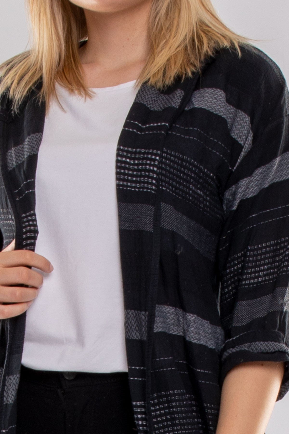 71352 Kapşonlu Kendinden Desenli Pamuk Keten Ceket