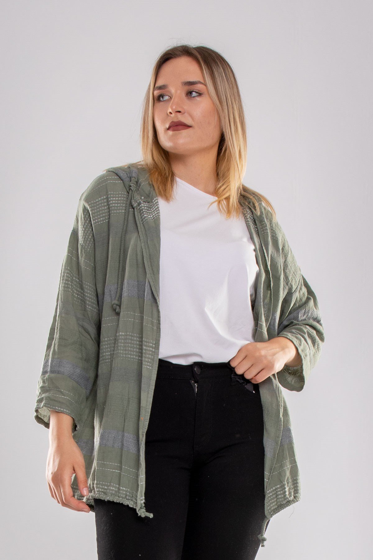 71352 Kapşonlu Kendinden Desenli Pamuk Keten Ceket