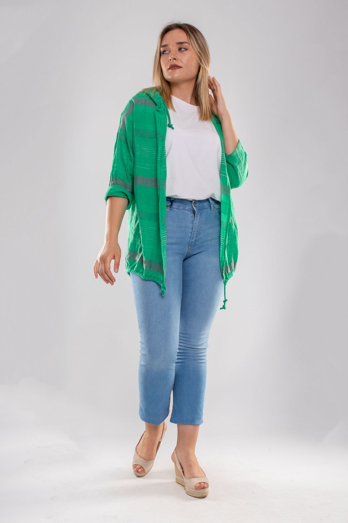 71352 Kapşonlu Kendinden Desenli Pamuk Keten Ceket