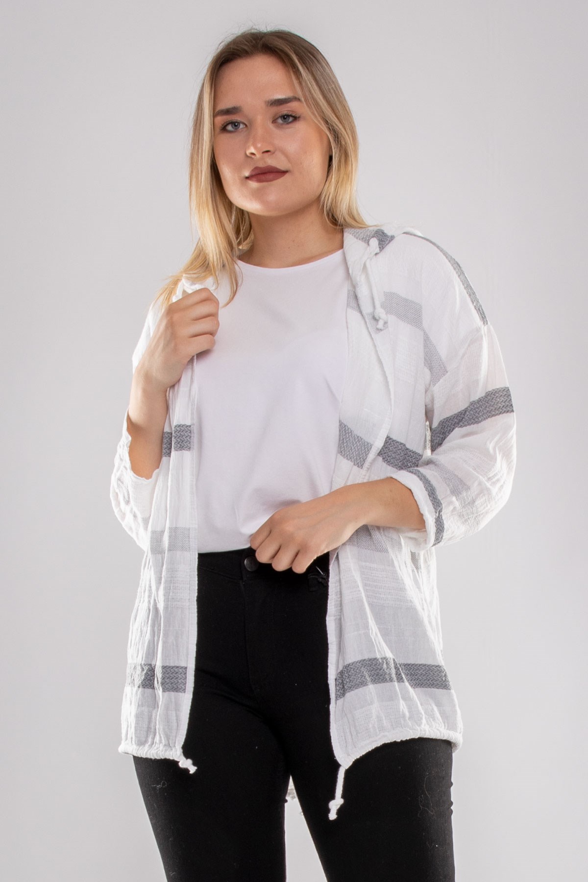 71352 Kapşonlu Kendinden Desenli Pamuk Keten Ceket