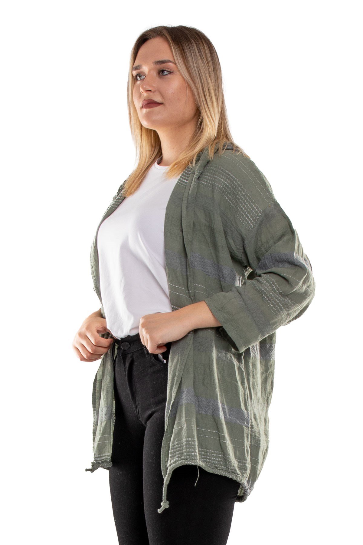 71352 Kapşonlu Kendinden Desenli Pamuk Keten Ceket