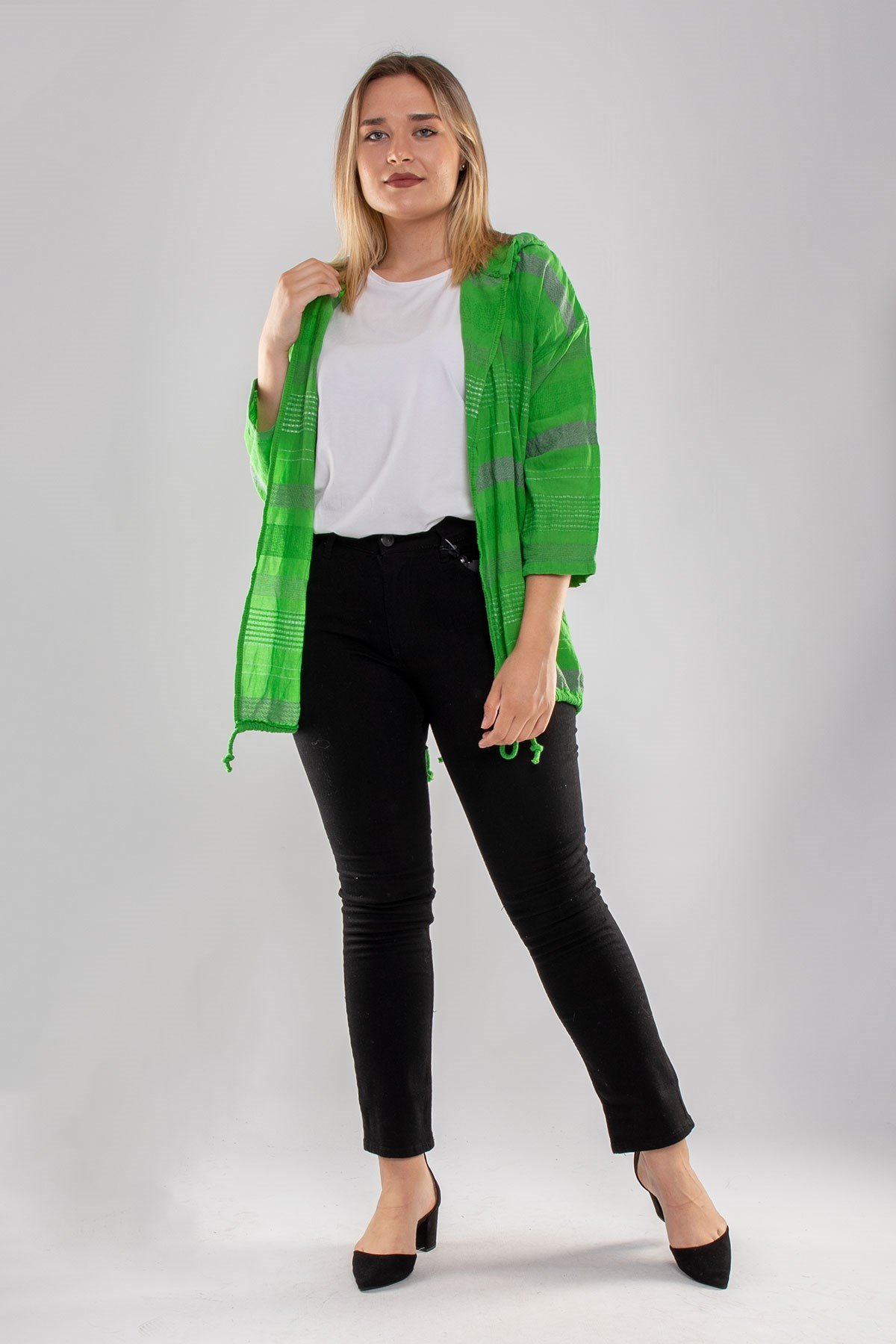 71352 Kapşonlu Kendinden Desenli Pamuk Keten Ceket