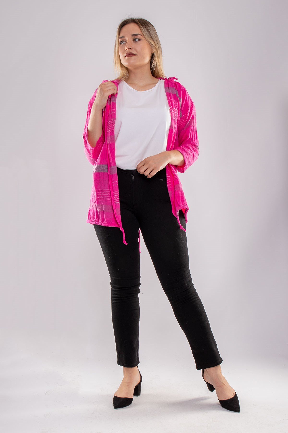 71352 Kapşonlu Kendinden Desenli Pamuk Keten Ceket