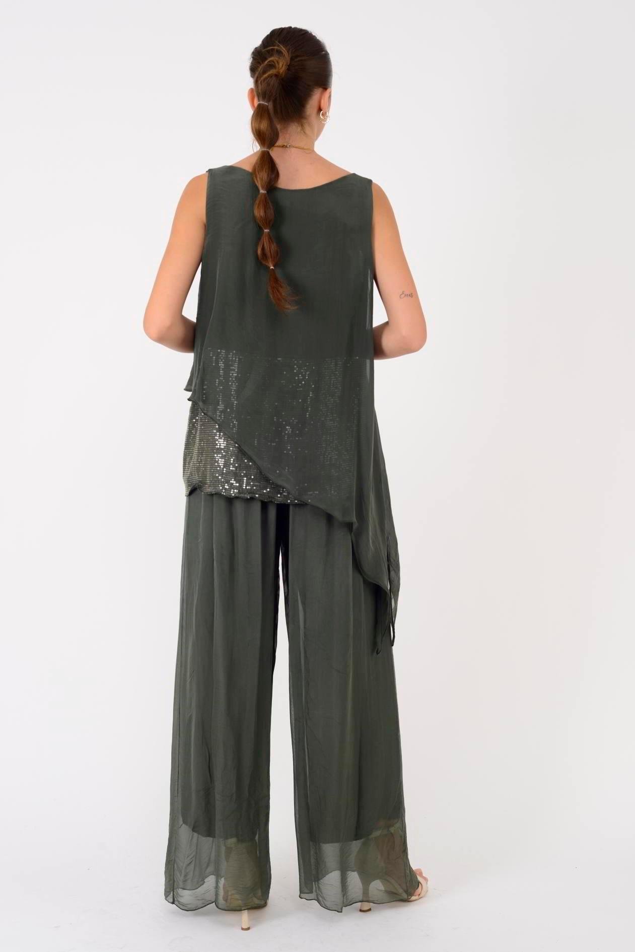 7161 Asimetrik Kesim Kolsuz Pullu İpek Bluz