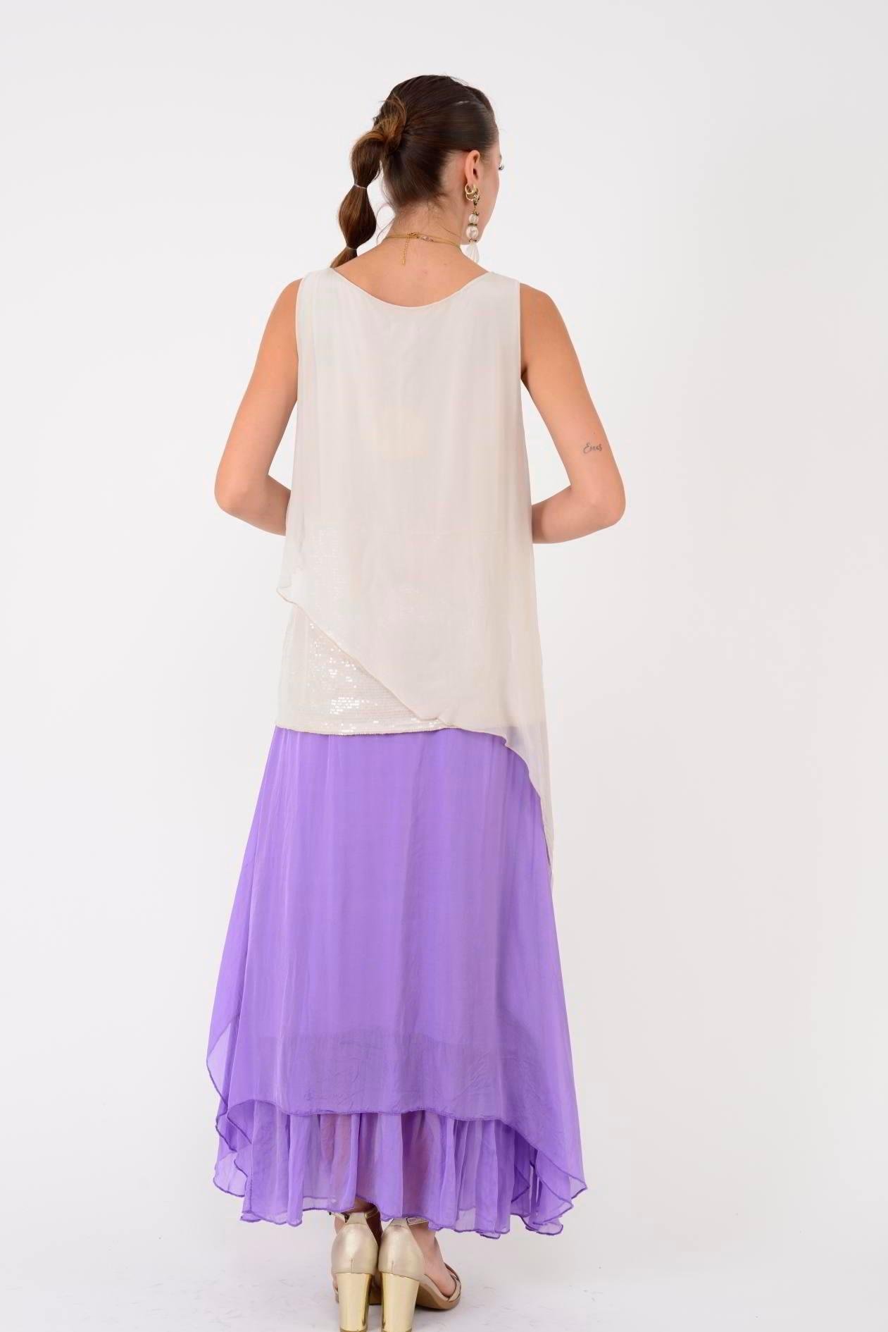 7161 Asimetrik Kesim Kolsuz Pullu İpek Bluz