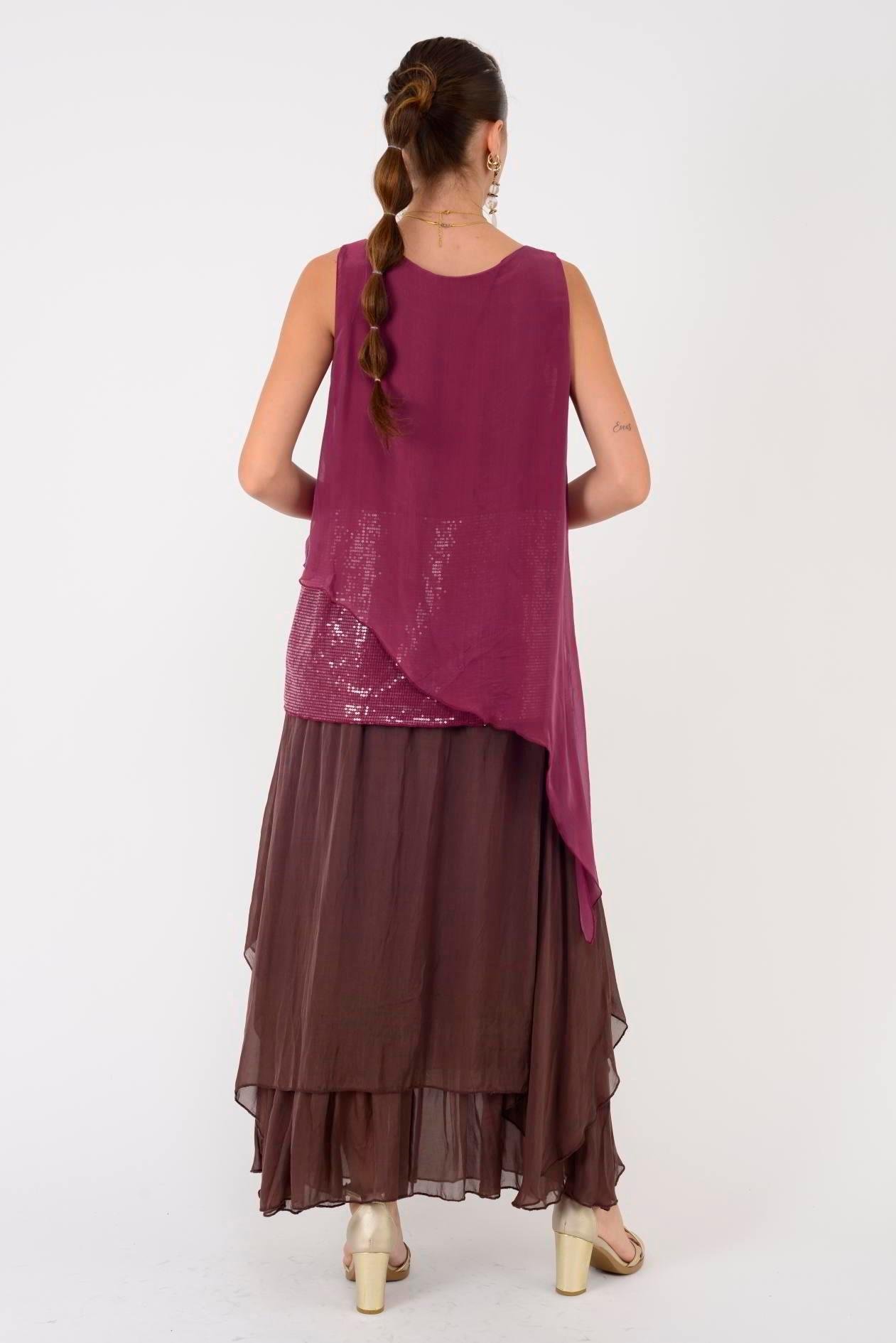 7161 Asimetrik Kesim Kolsuz Pullu İpek Bluz