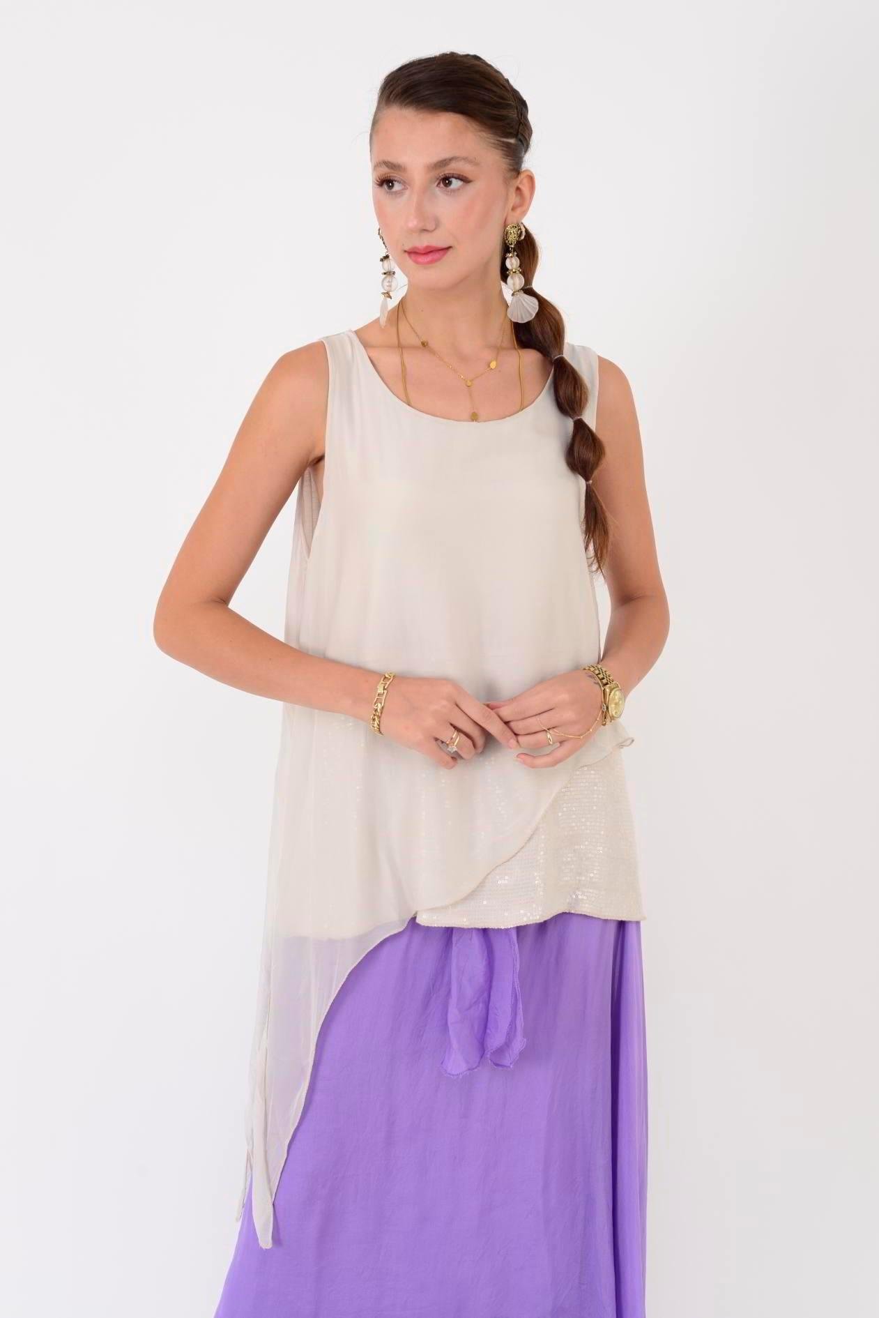 7161 Asimetrik Kesim Kolsuz Pullu İpek Bluz