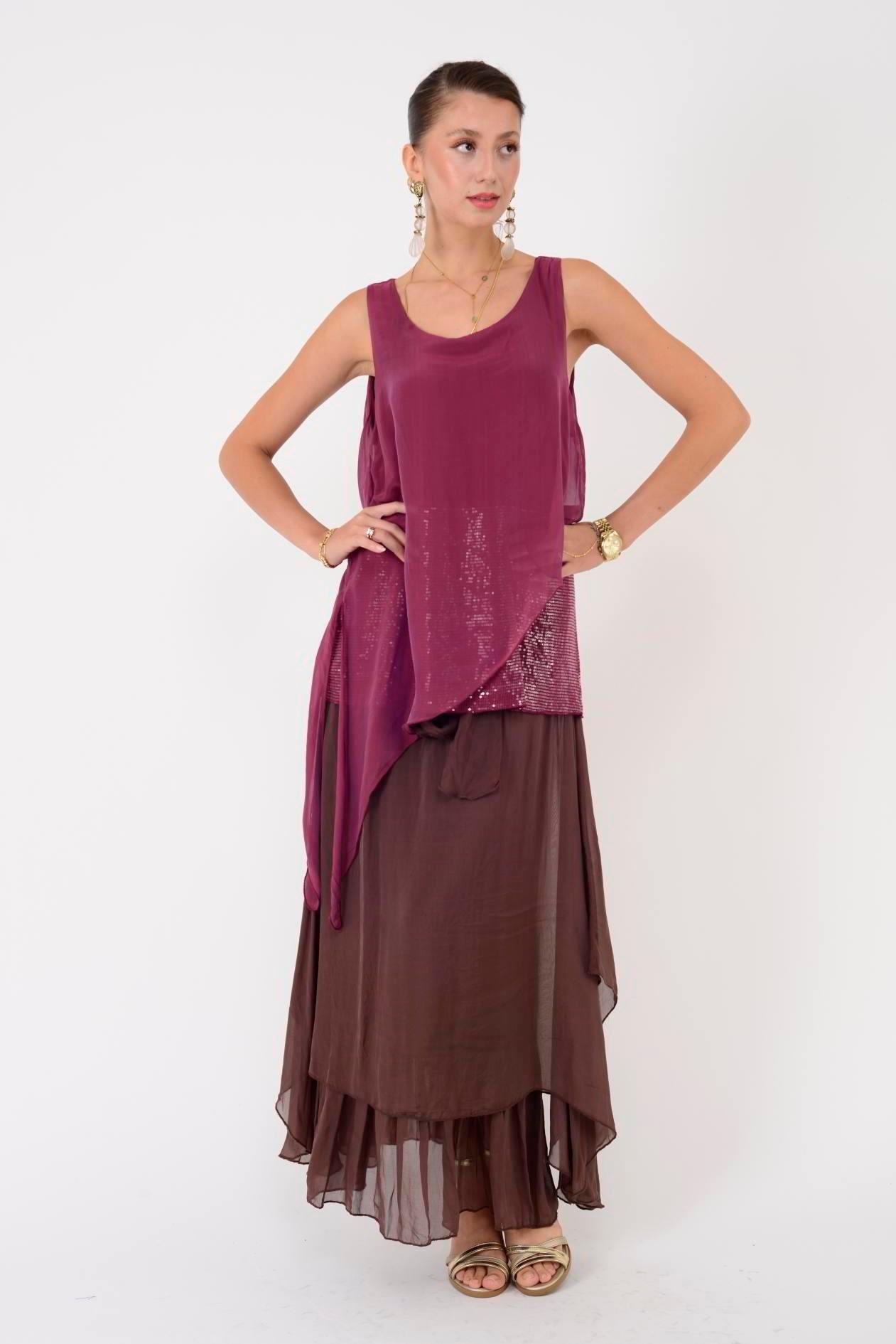 7161 Asimetrik Kesim Kolsuz Pullu İpek Bluz